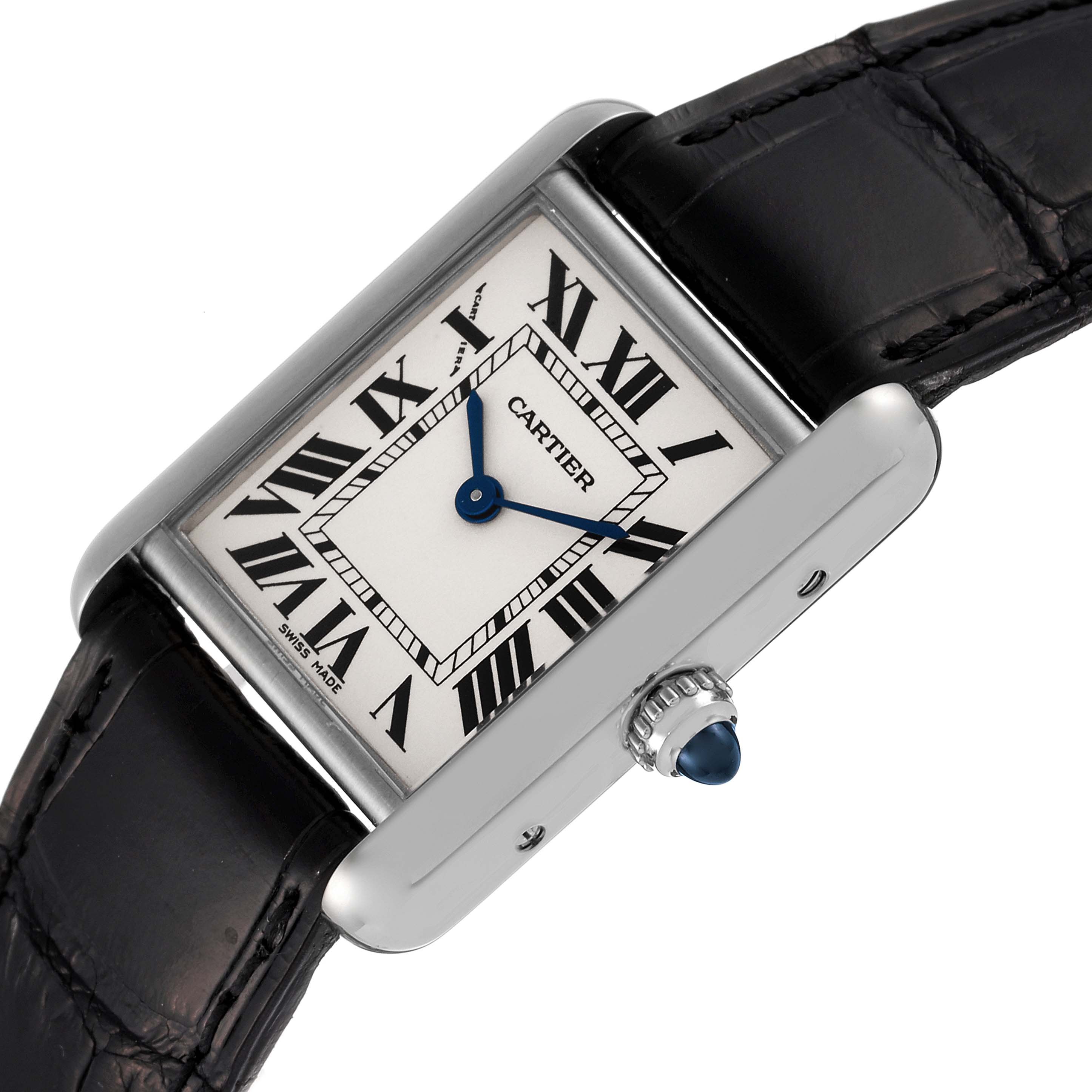 The image shows a Cartier Tank Louis W1541056 Women's White Gold Silver Dial W1541056 Women's White Gold Silver Dial watch from an angled close-up, displaying its face, strap, and crown with a blue cabochon.