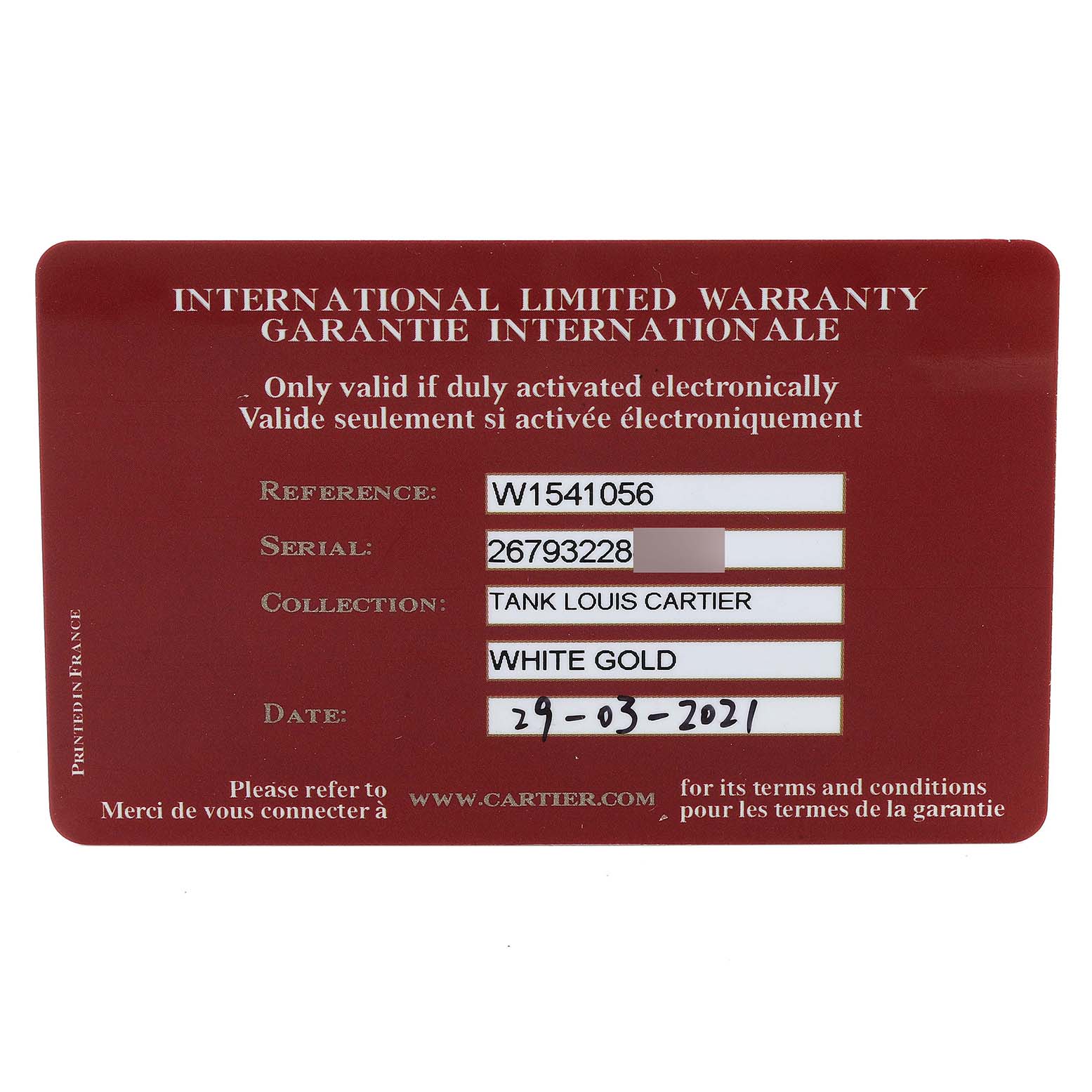 The image shows an international limited warranty card for the Cartier Tank Louis W1541056 Women's White Gold Silver Dial W1541056 Women's White Gold Silver Dial model.