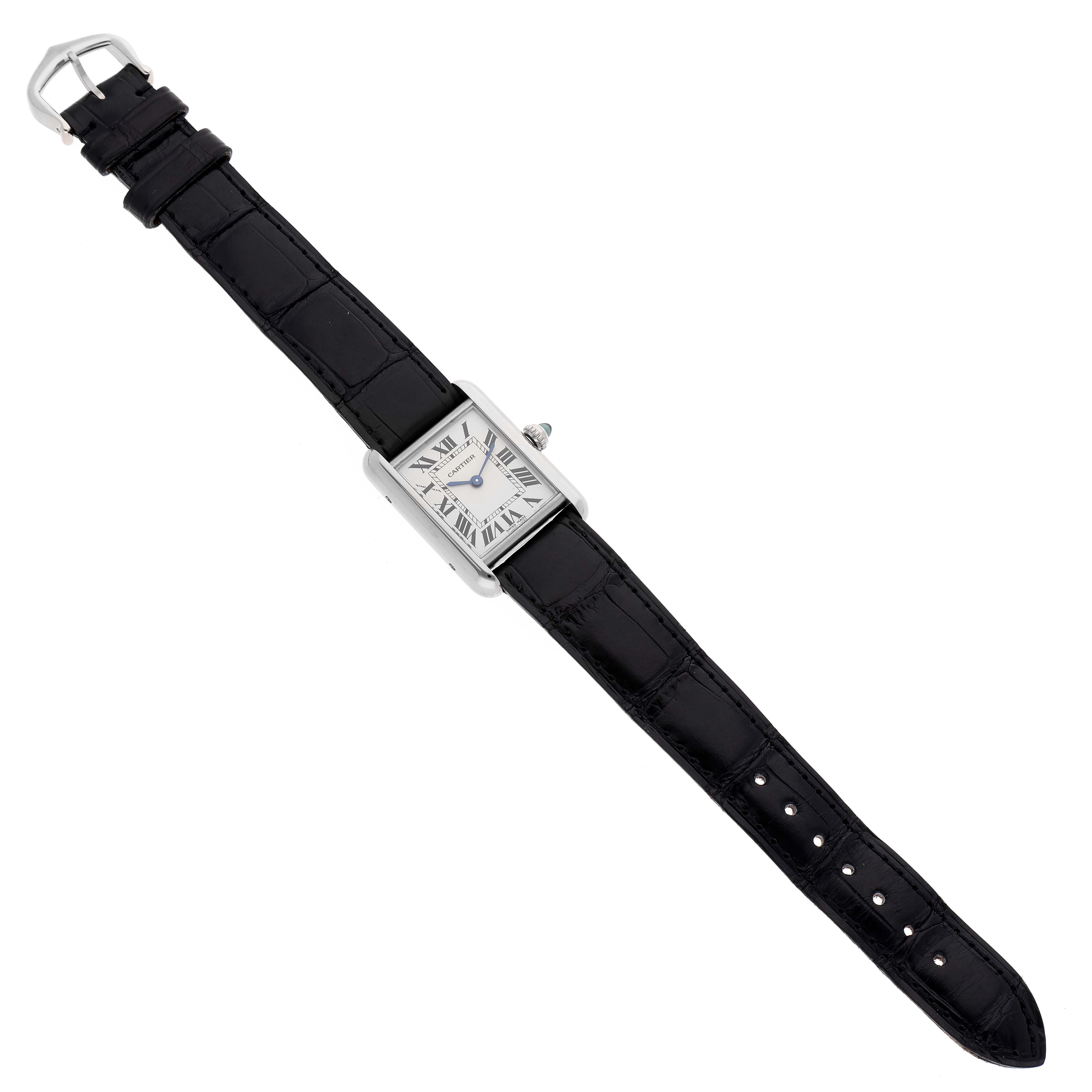 The Tank Louis watch by Cartier is shown from a top-down angle, displaying the entire watch and black leather strap.