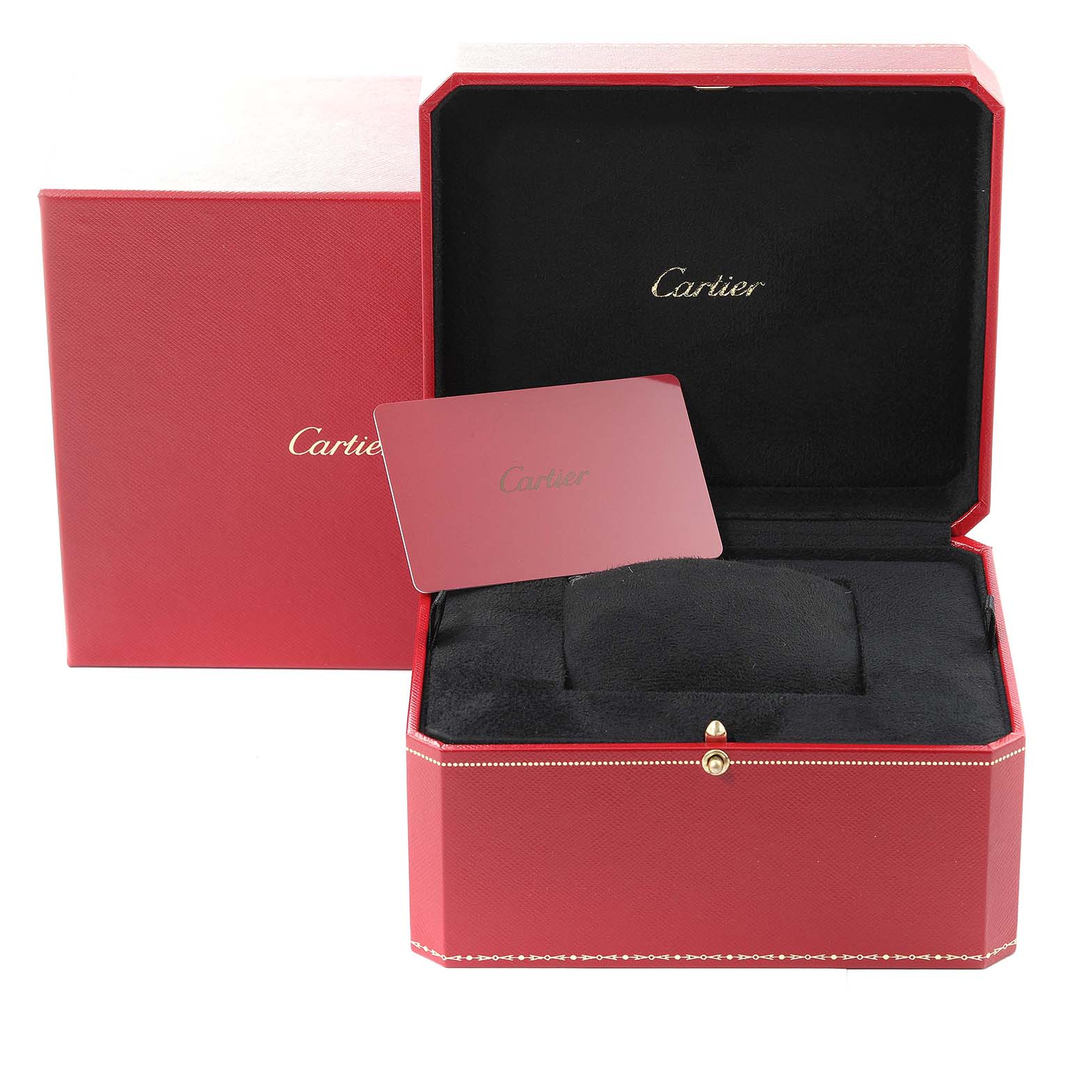 The image shows a Cartier Tank Louis W1541056 Women's White Gold Silver Dial W1541056 Women's White Gold Silver Dial watch box, with an open red box, black interior, and a Cartier authentication card.