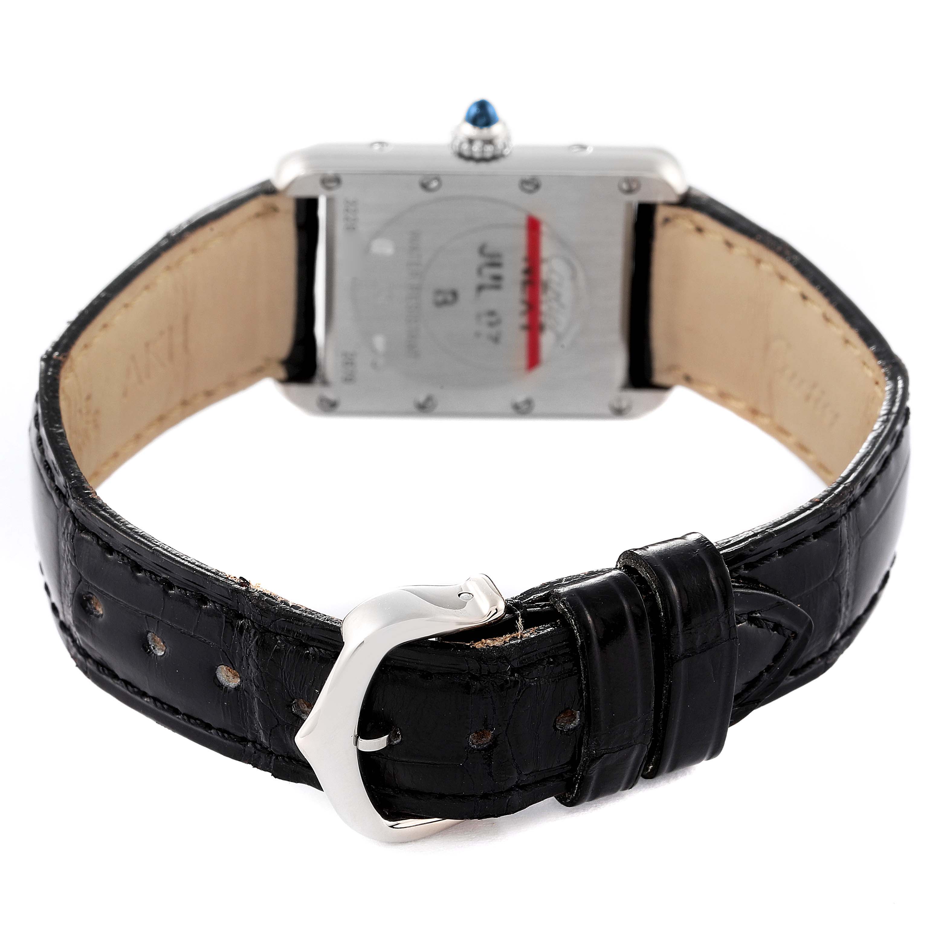 The image shows the back of a Cartier Tank Louis W1541056 Women's White Gold Silver Dial W1541056 Women's White Gold Silver Dial watch, including the case back, black leather strap, and buckle.