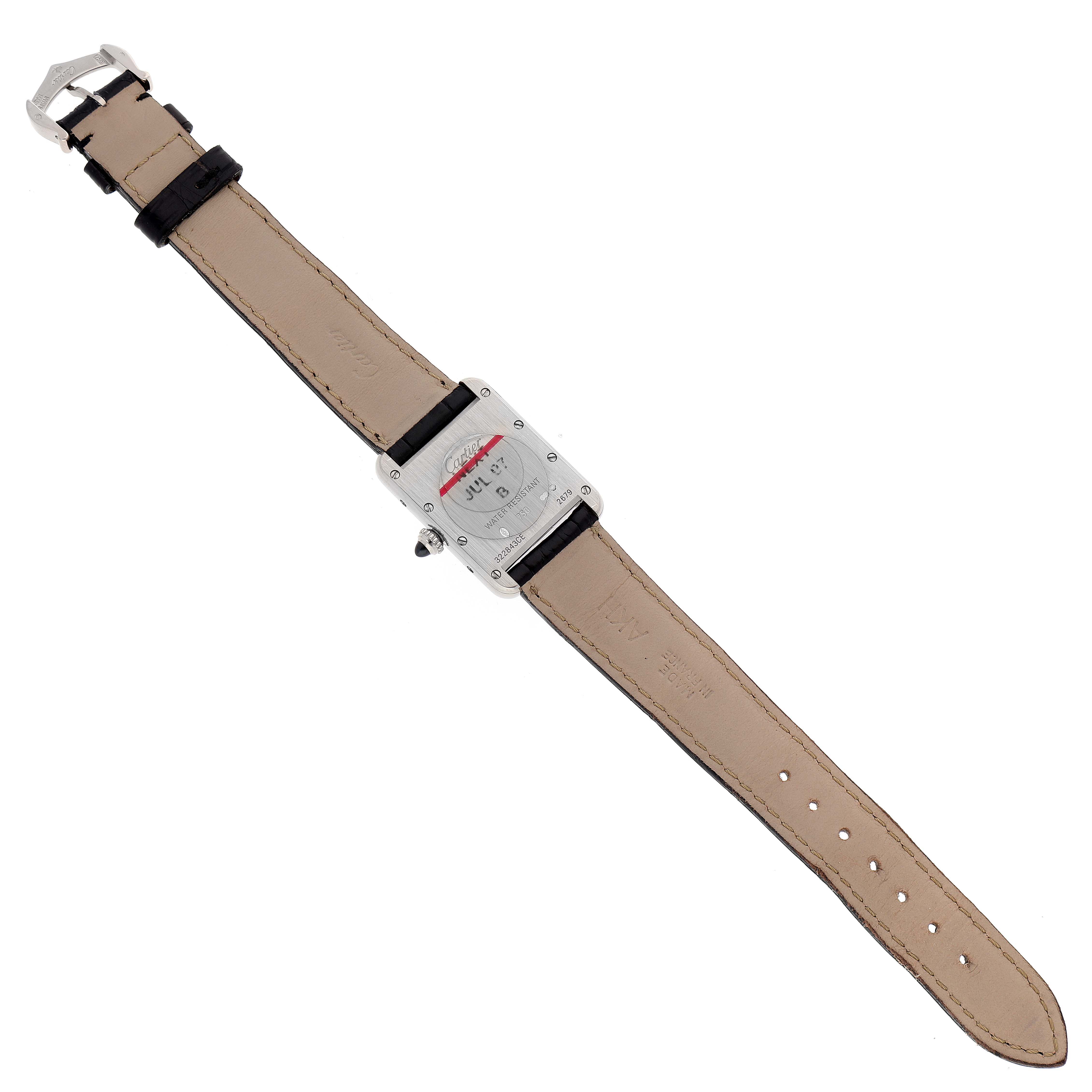 The image shows the back view of a Cartier Tank Louis W1541056 Women's White Gold Silver Dial W1541056 Women's White Gold Silver Dial watch, featuring the rear case and leather strap.