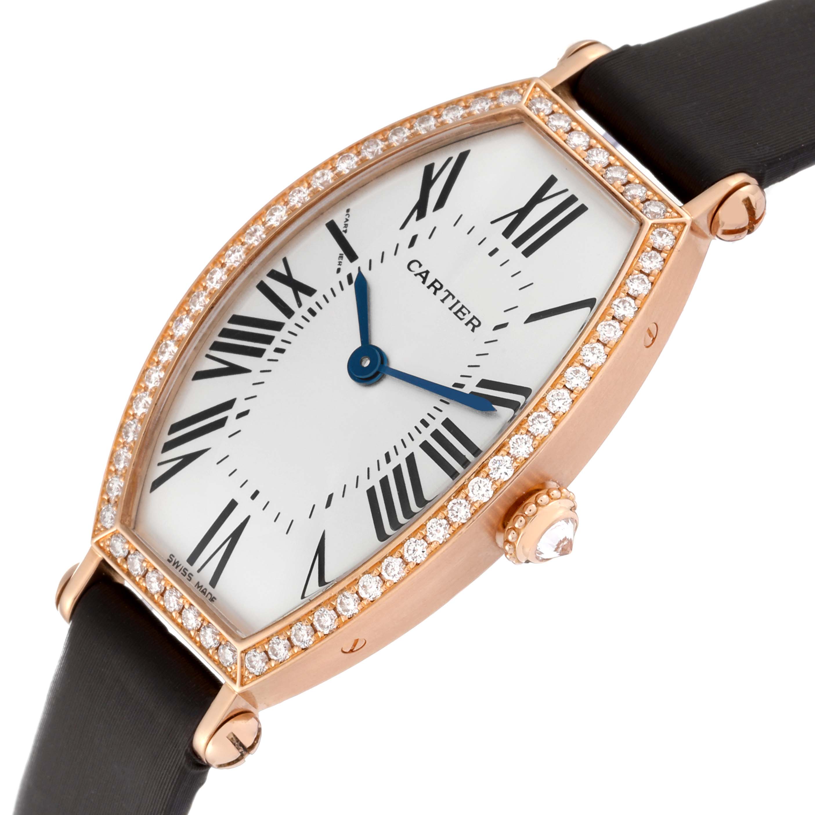 The image shows a Cartier Tonneau WE400331 Women
s Rose Gold Silver Dial WE400331 Women
s Rose Gold Silver Dial watch from an angled top view, highlighting the diamond-encrusted bezel, dial, and crown.