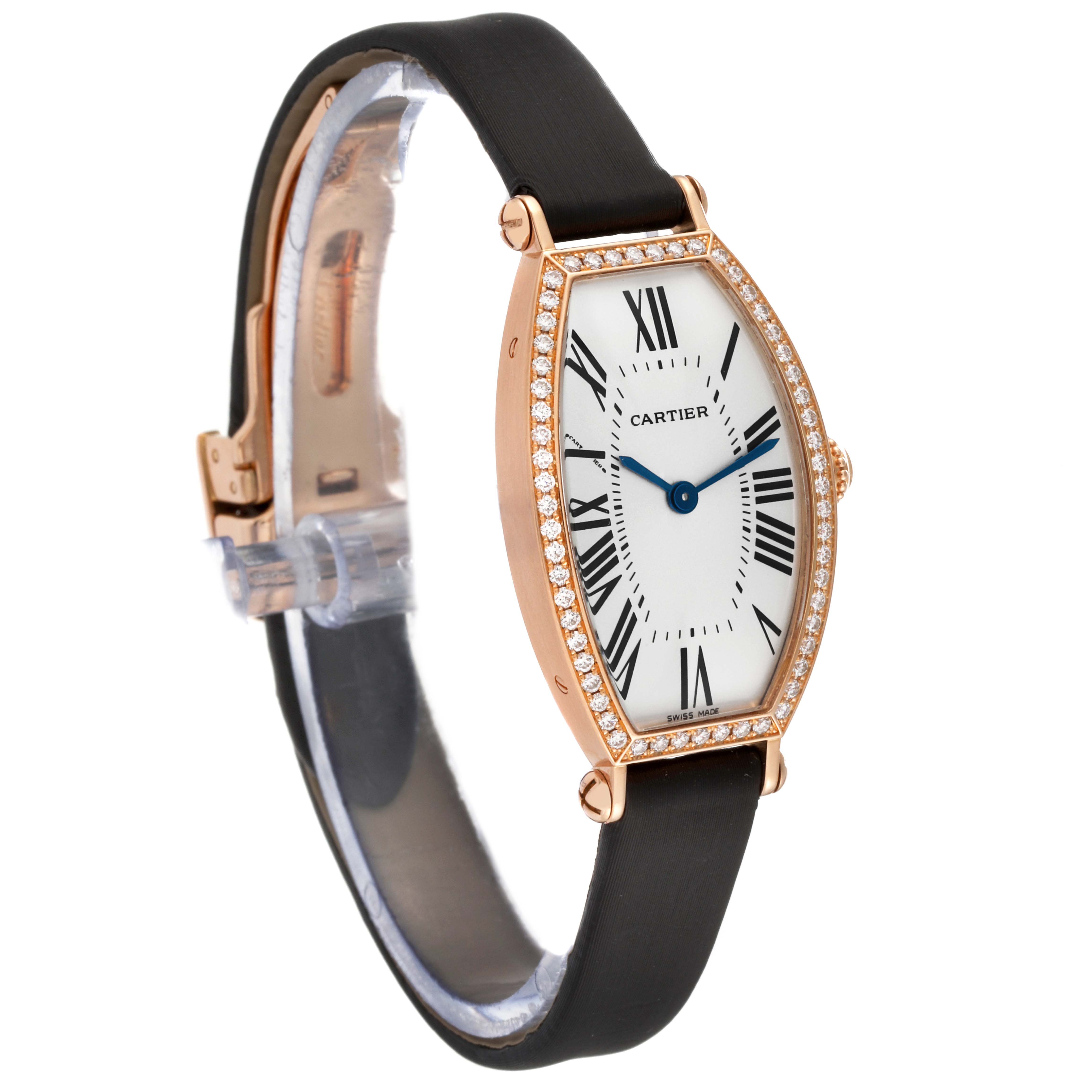 The image shows a Cartier Tonneau WE400331 Women
s Rose Gold Silver Dial WE400331 Women
s Rose Gold Silver Dial model watch at a slight side angle, highlighting the face, bezel, and strap.