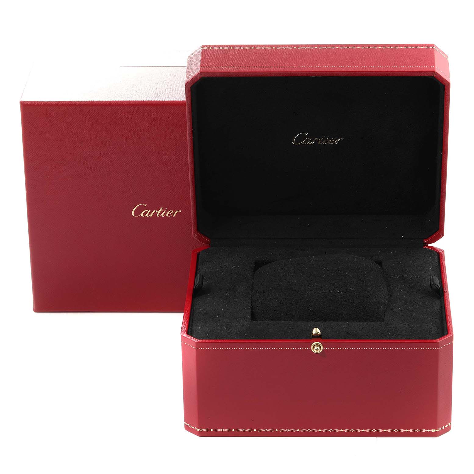 This image shows an open red box designed for the Cartier Tonneau WE400331 Women
s Rose Gold Silver Dial WE400331 Women
s Rose Gold Silver Dial model watch.