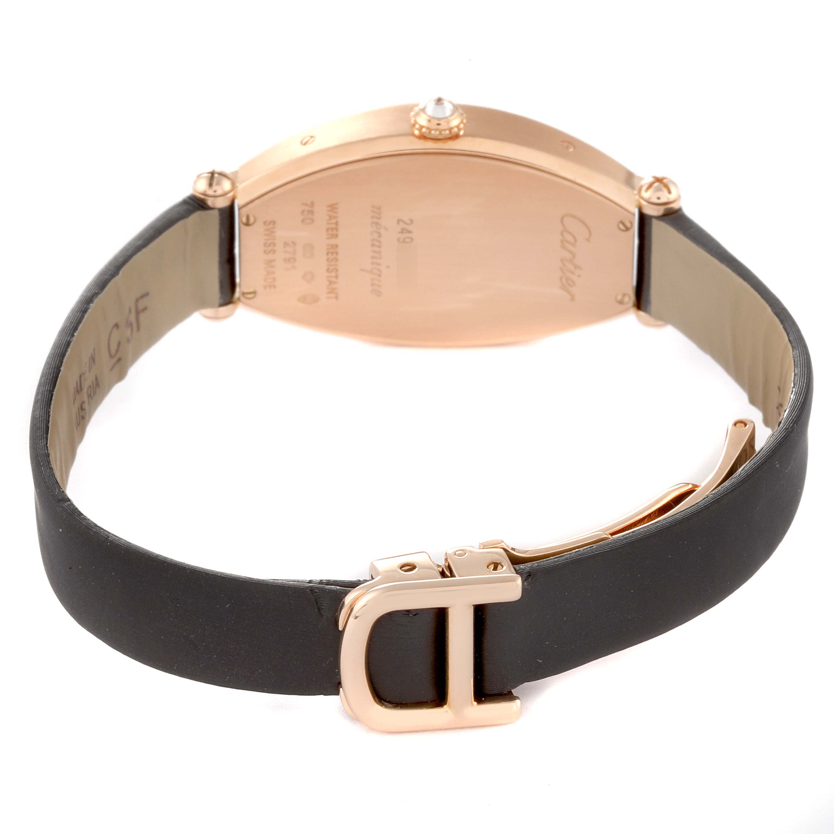 The image shows the back view of a Cartier Tonneau WE400331 Women
s Rose Gold Silver Dial WE400331 Women
s Rose Gold Silver Dial watch, highlighting the case back and the clasp.