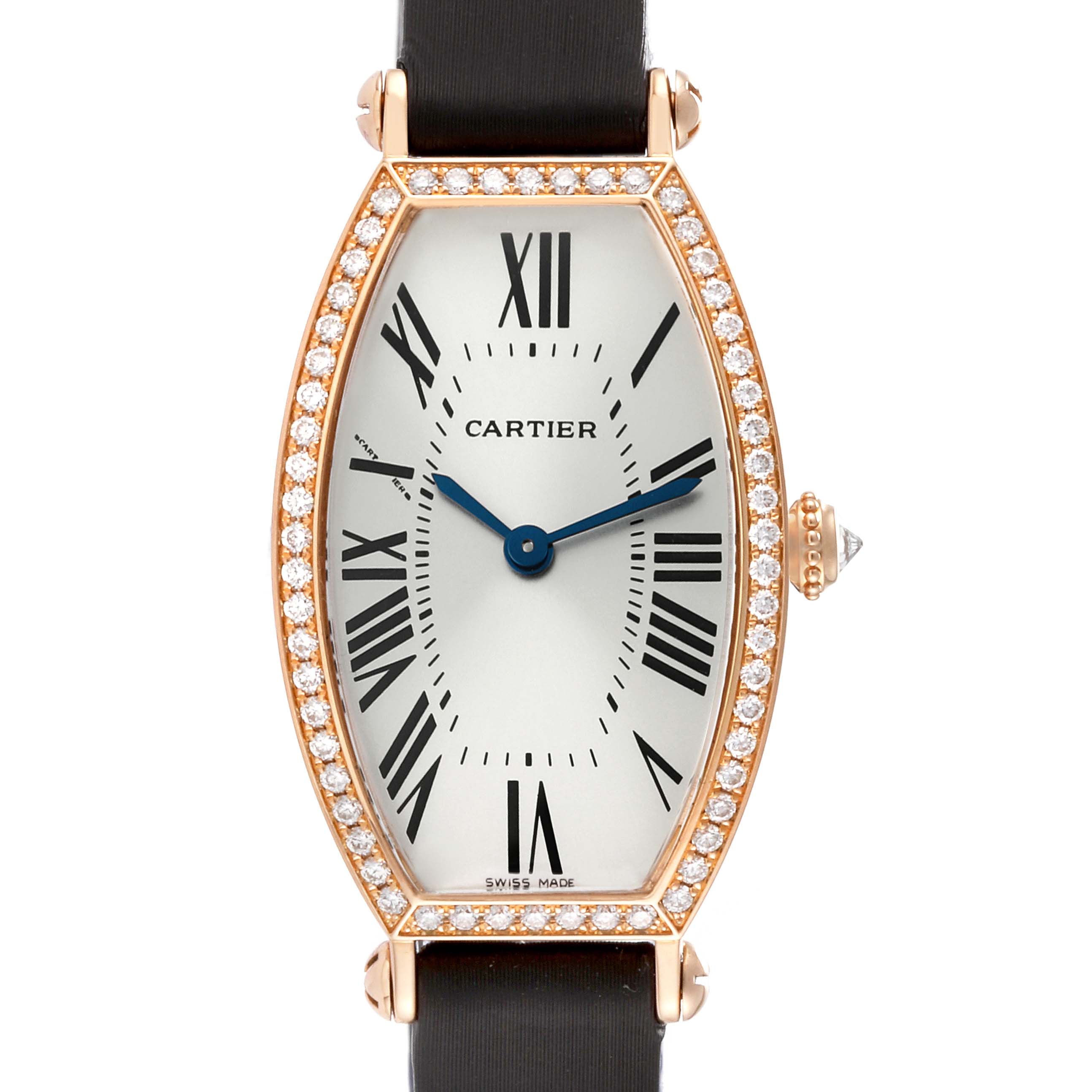 This image shows a front view of a Cartier Tonneau WE400331 Women
s Rose Gold Silver Dial WE400331 Women
s Rose Gold Silver Dial watch, featuring its face, hands, bezel, and strap attachments.