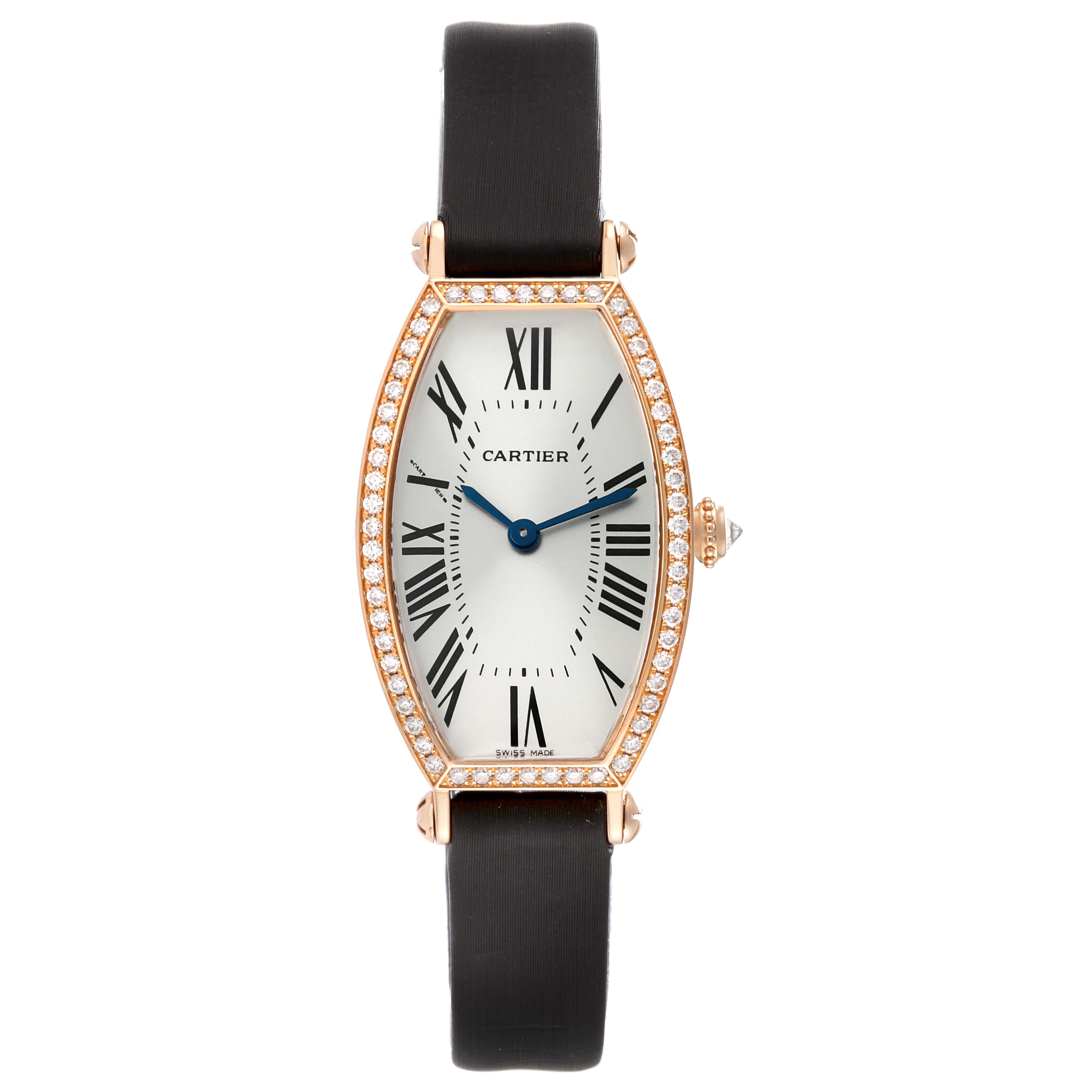The image shows a front view of the Cartier Tonneau WE400331 Women
s Rose Gold Silver Dial WE400331 Women
s Rose Gold Silver Dial watch, highlighting its face, Roman numerals, and leather strap.