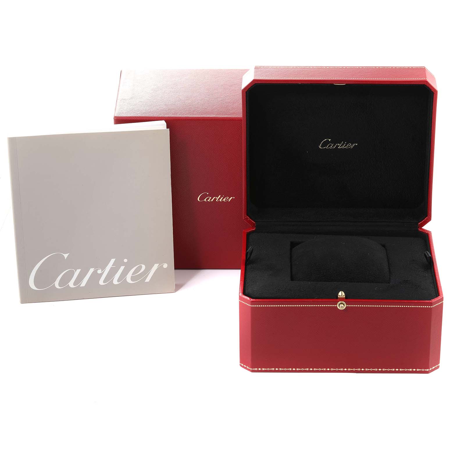 This image shows the Cartier Tortue WA507031 Women's Rose Gold Silver Dial WA507031 Women's Rose Gold Silver Dial watch accessories, including the box and manual, from a front angle.