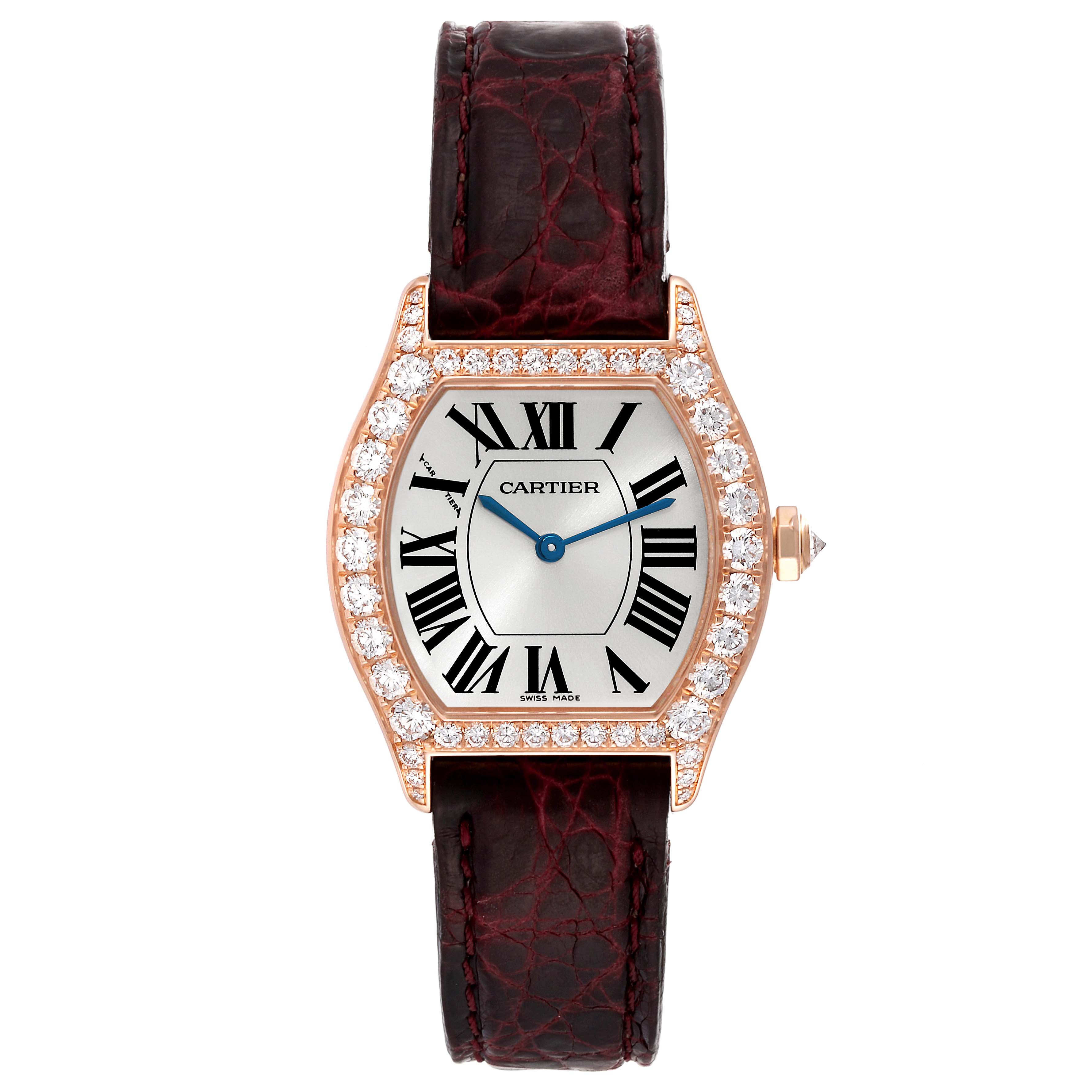 This image shows a front view of the dial and strap of a Cartier Tortue WA507031 Women's Rose Gold Silver Dial WA507031 Women's Rose Gold Silver Dial watch.