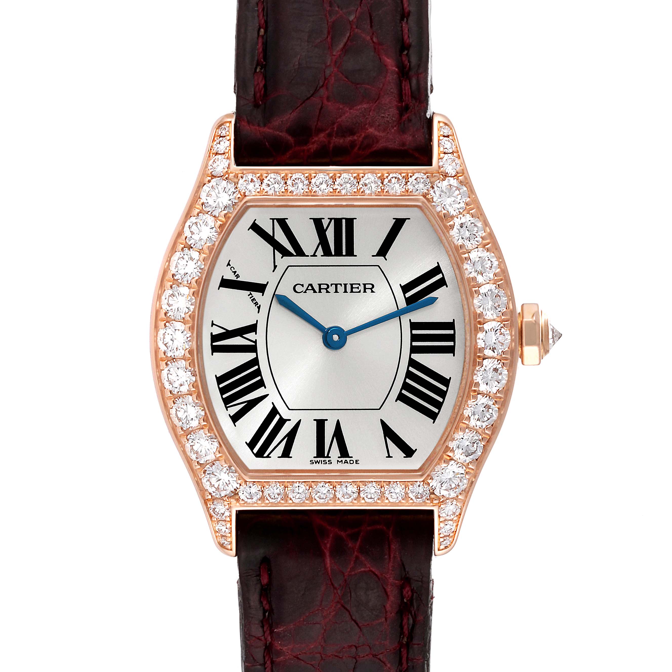 The image shows a front view of a Cartier Tortue WA507031 Women's Rose Gold Silver Dial WA507031 Women's Rose Gold Silver Dial model watch, highlighting the dial, bezel with diamonds, and part of the strap.