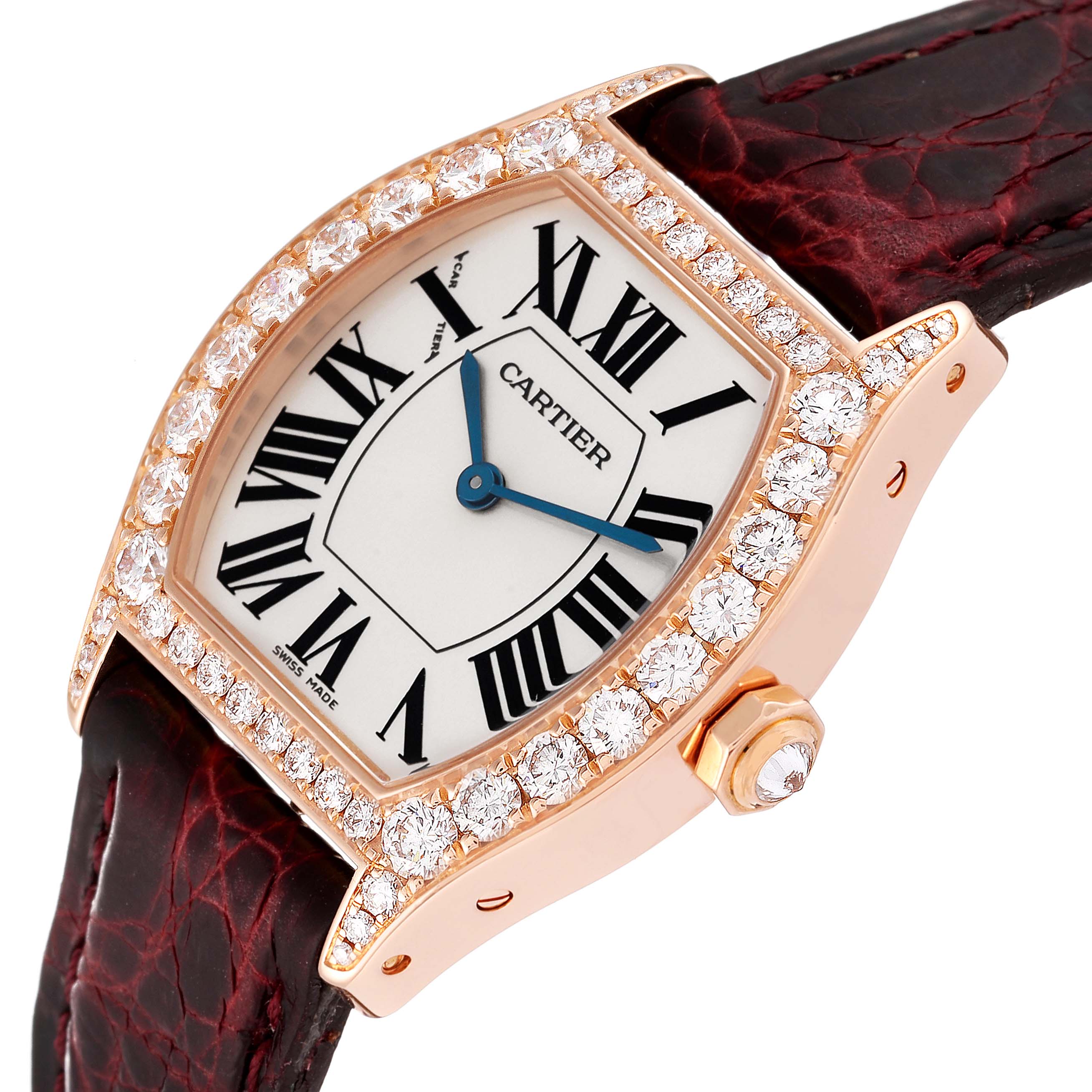 The image shows a Cartier Tortue WA507031 Women's Rose Gold Silver Dial WA507031 Women's Rose Gold Silver Dial watch at an angled view, highlighting its diamond bezel and leather strap.