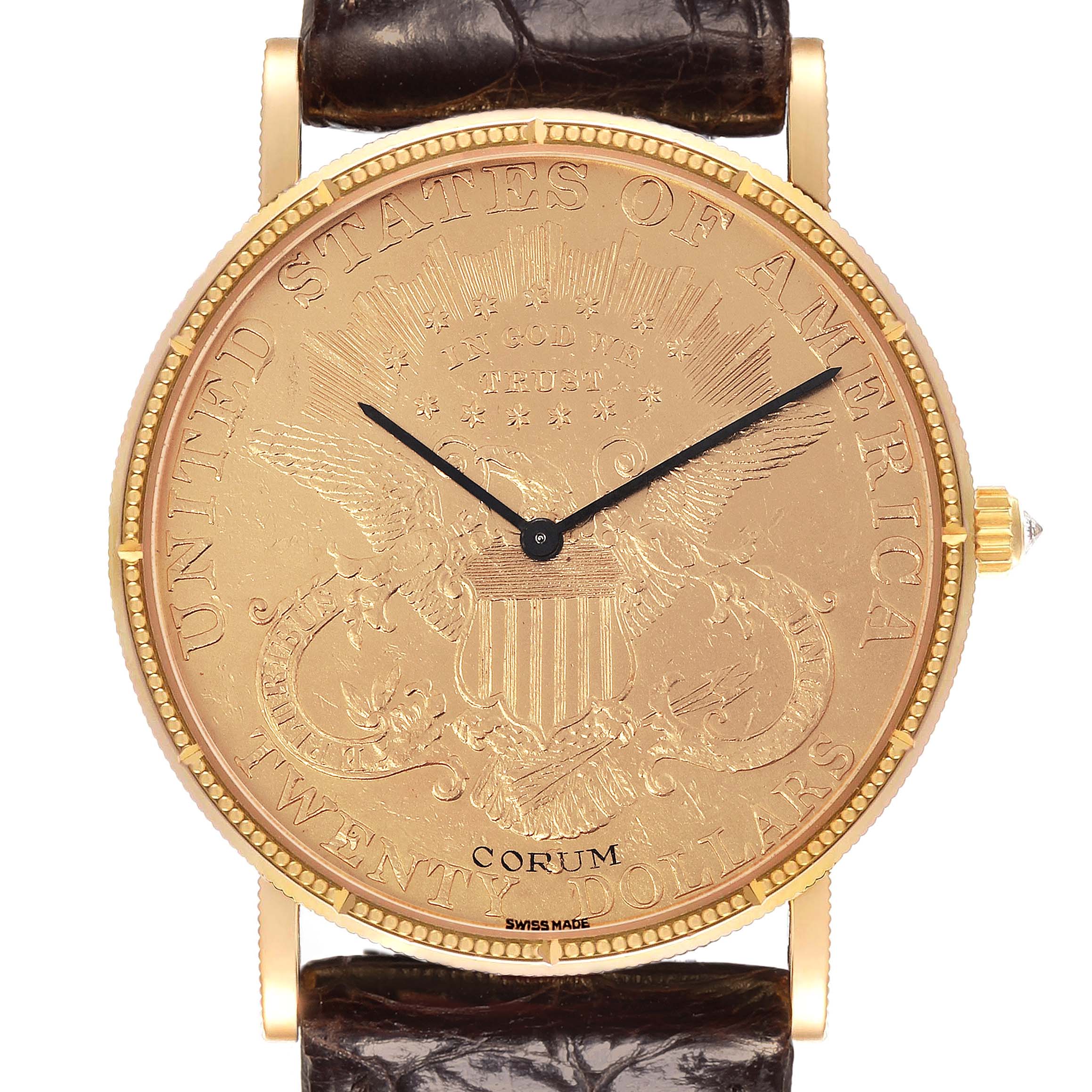 The Corum Coin Watch 4414556 Men's Yellow Gold Champagne Dial 4414556 Men's Yellow Gold Champagne Dial is shown from the front, displaying its gold coin face with a leather strap and a side crown.
