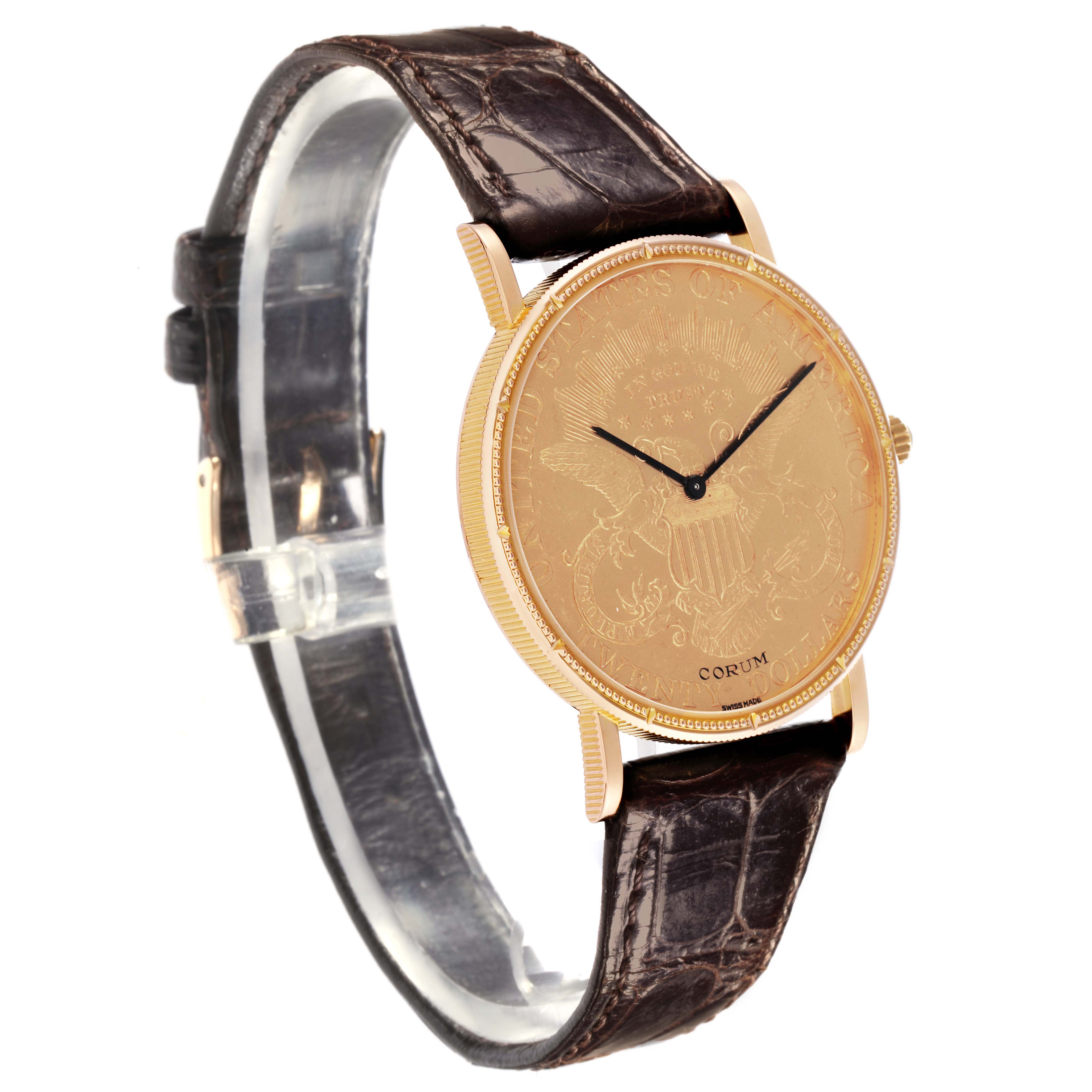 The Corum Coin Watch 4414556 Men's Yellow Gold Champagne Dial 4414556 Men's Yellow Gold Champagne Dial model is shown at a slight angle, highlighting its gold face and brown leather strap.