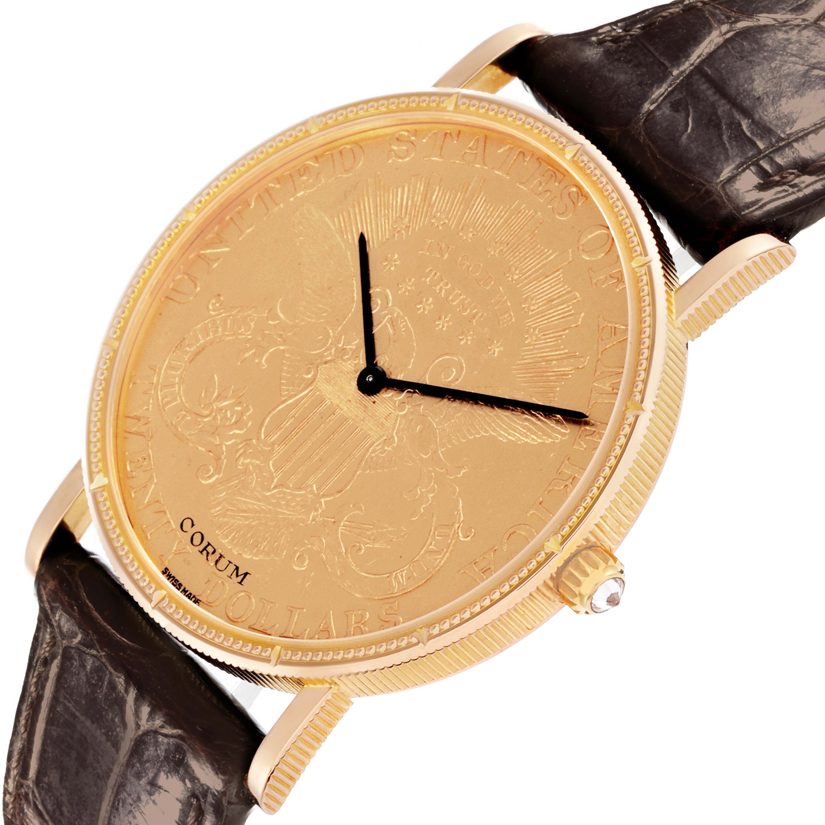 The Corum Coin Watch 4414556 Men's Yellow Gold Champagne Dial 4414556 Men's Yellow Gold Champagne Dial model is shown from a slightly angled top view, featuring its dial, hands, bezel, crown, and leather strap.