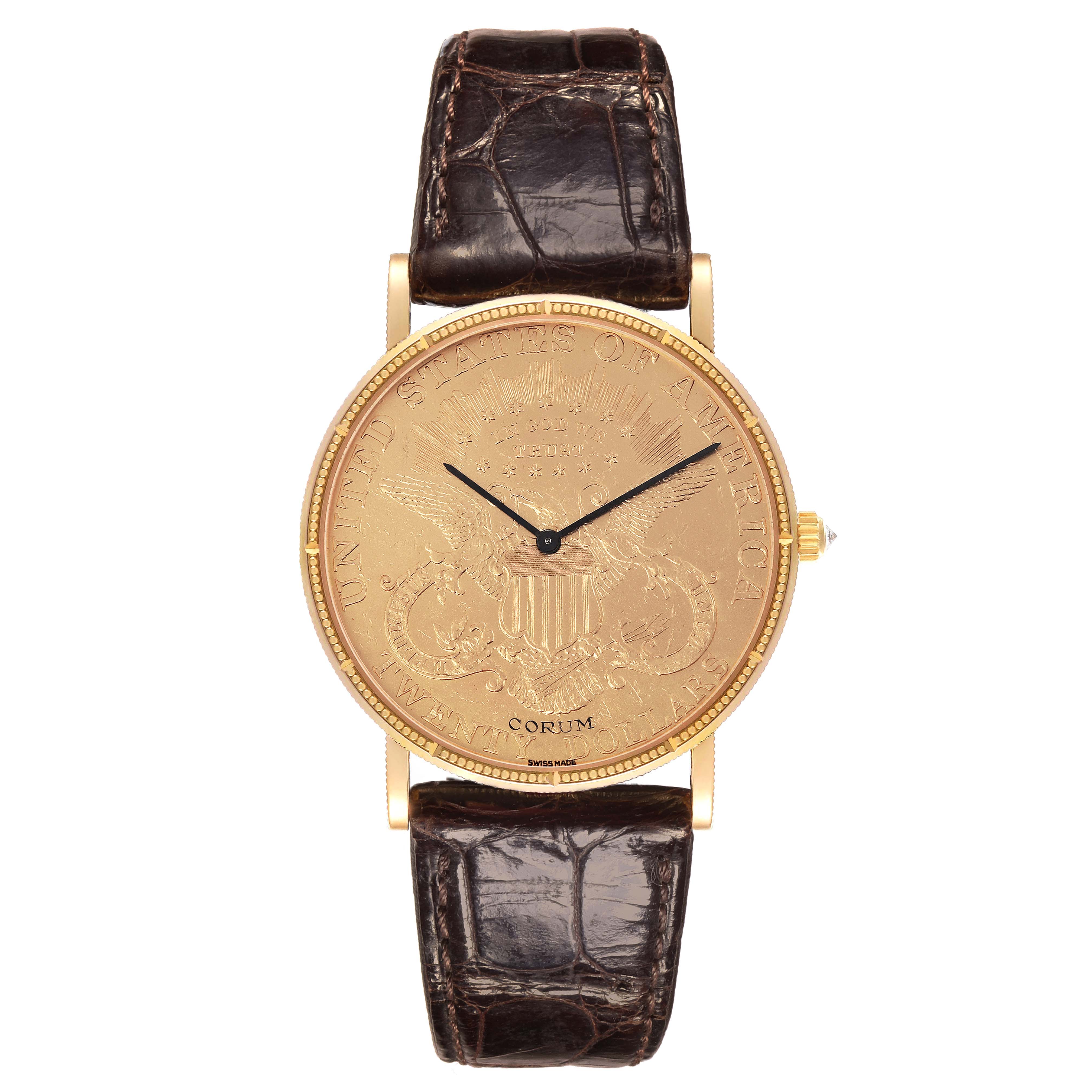 The Corum Coin Watch 4414556 Men's Yellow Gold Champagne Dial 4414556 Men's Yellow Gold Champagne Dial model is shown from a front view, highlighting its coin-like dial and leather strap.
