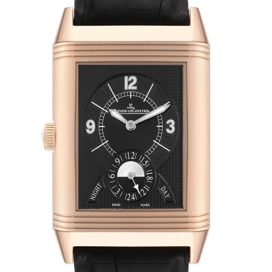 The Jaeger-LeCoultre Reverso watch is shown from the front, highlighting its face, dial, and side crown.