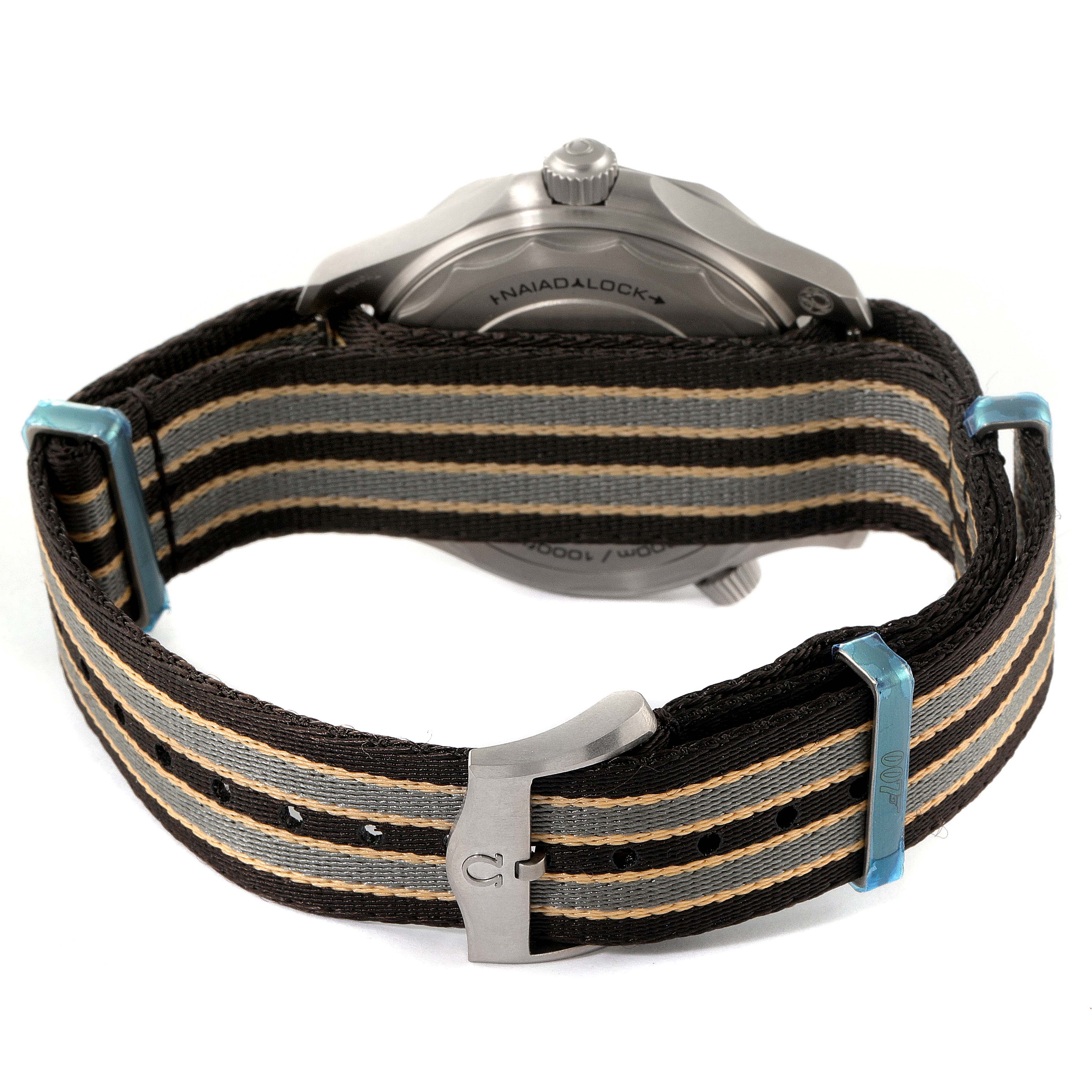 The image shows the back side of an Omega Seamaster 210.92.42.20.01.001 Men's Titanium Brown Dial 210.92.42.20.01.001 Men's Titanium Brown Dial watch, focusing on the strap and the clasp.