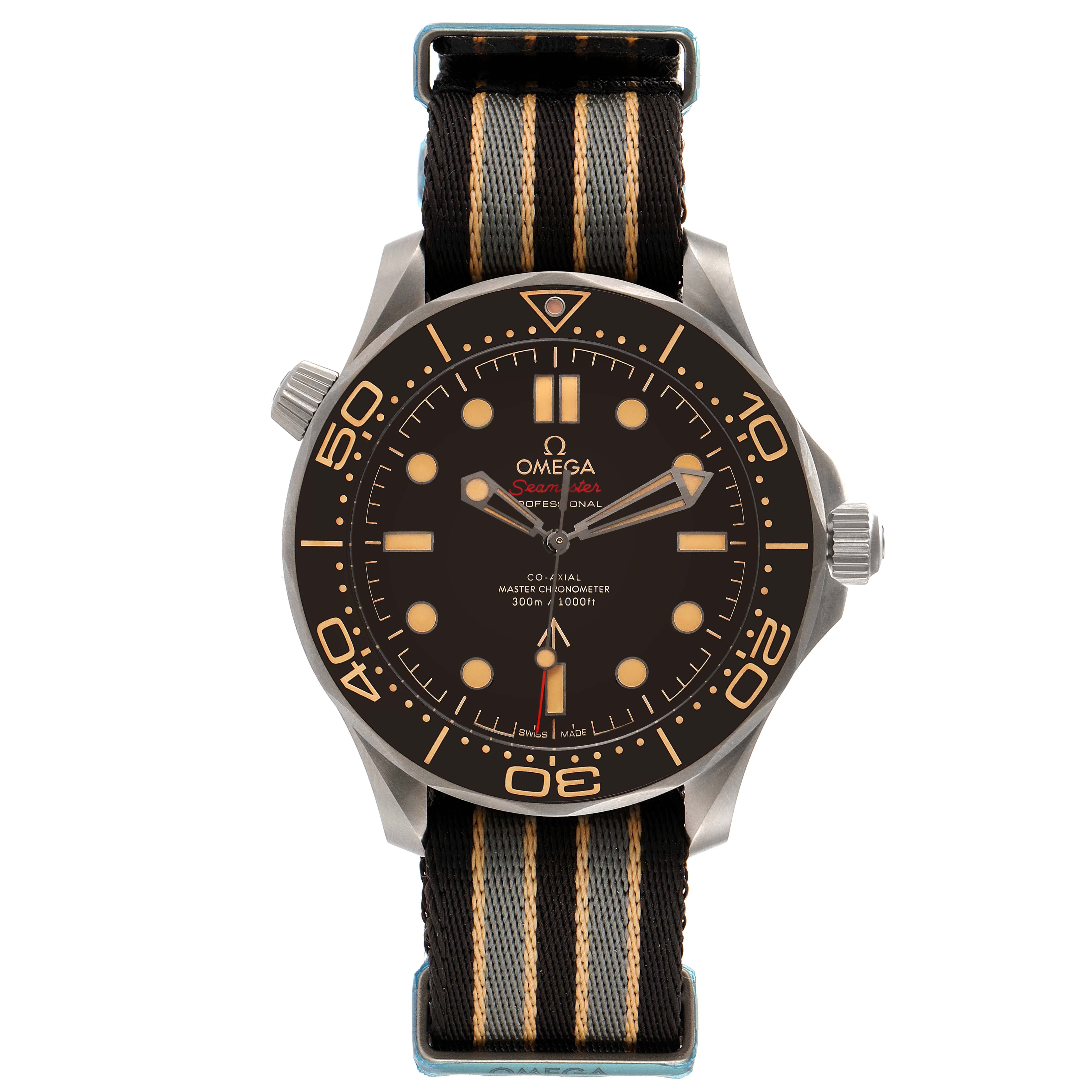 The image displays a front view of an Omega Seamaster 210.92.42.20.01.001 Men's Titanium Brown Dial 210.92.42.20.01.001 Men's Titanium Brown Dial watch with a striped NATO strap and a black dial.