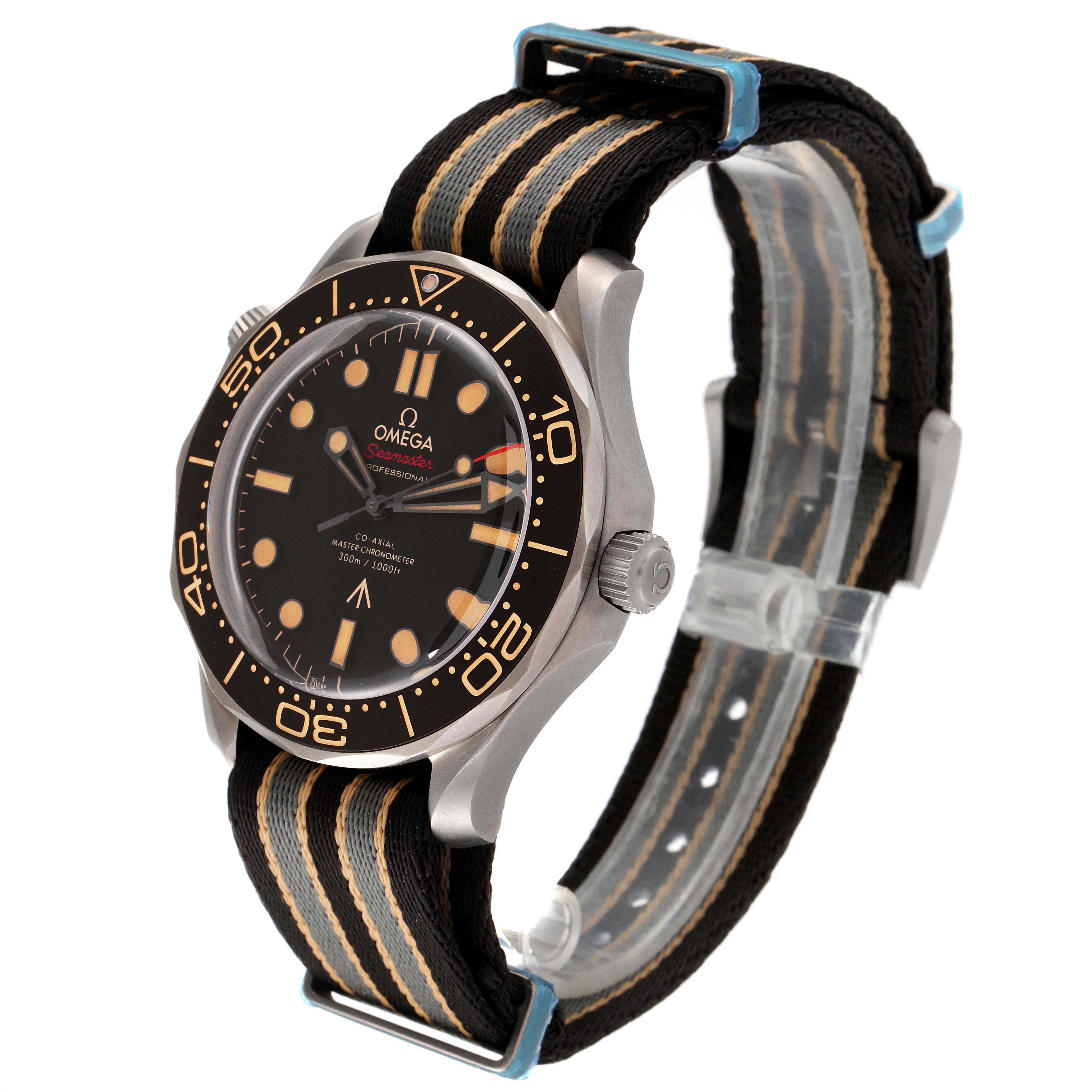 The image shows an Omega Seamaster 210.92.42.20.01.001 Men's Titanium Brown Dial 210.92.42.20.01.001 Men's Titanium Brown Dial watch, angled to display the face, bezel, crown, and fabric strap.