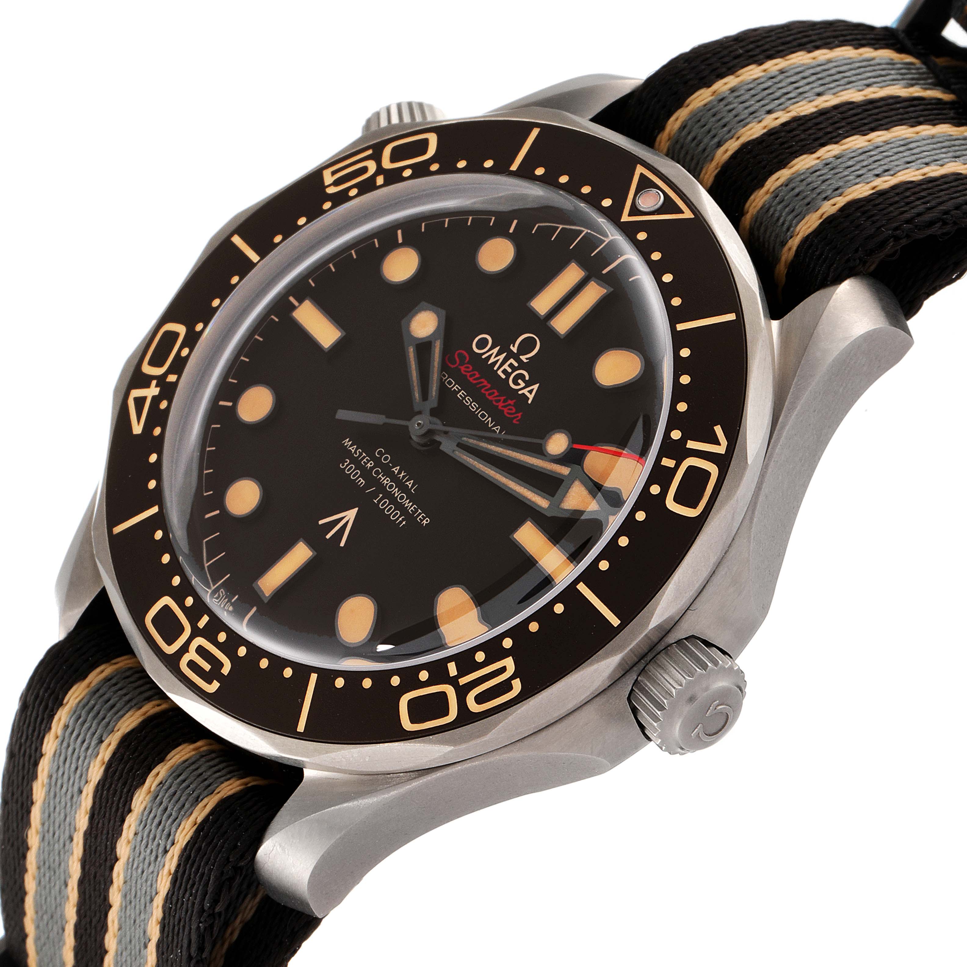 The Omega Seamaster 210.92.42.20.01.001 Men's Titanium Brown Dial 210.92.42.20.01.001 Men's Titanium Brown Dial watch is shown at an angled close-up, highlighting the face, bezel, crown, and striped strap.