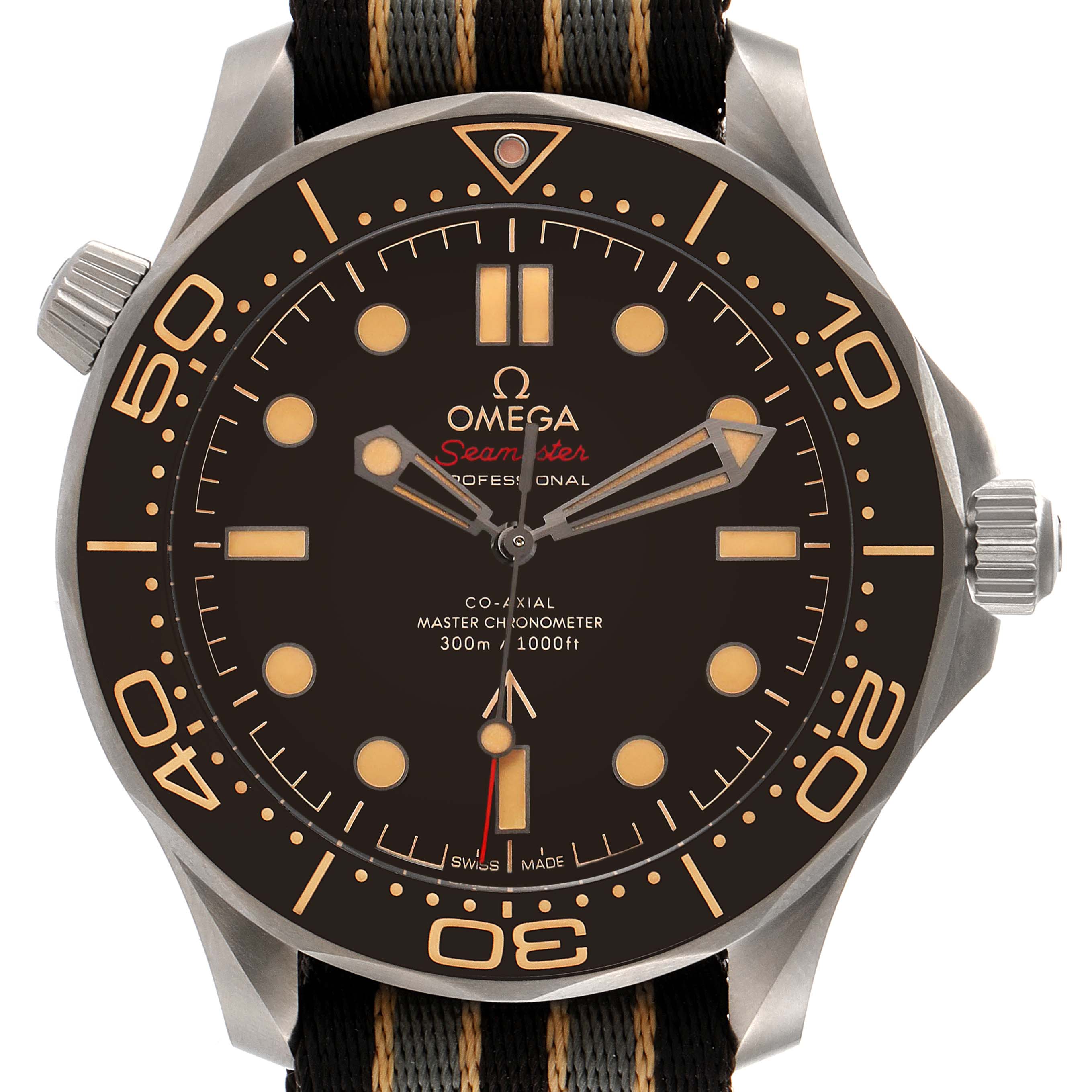 The image shows a frontal view of the Omega Seamaster 210.92.42.20.01.001 Men's Titanium Brown Dial 210.92.42.20.01.001 Men's Titanium Brown Dial watch, highlighting its black dial, bezel, and NATO strap.