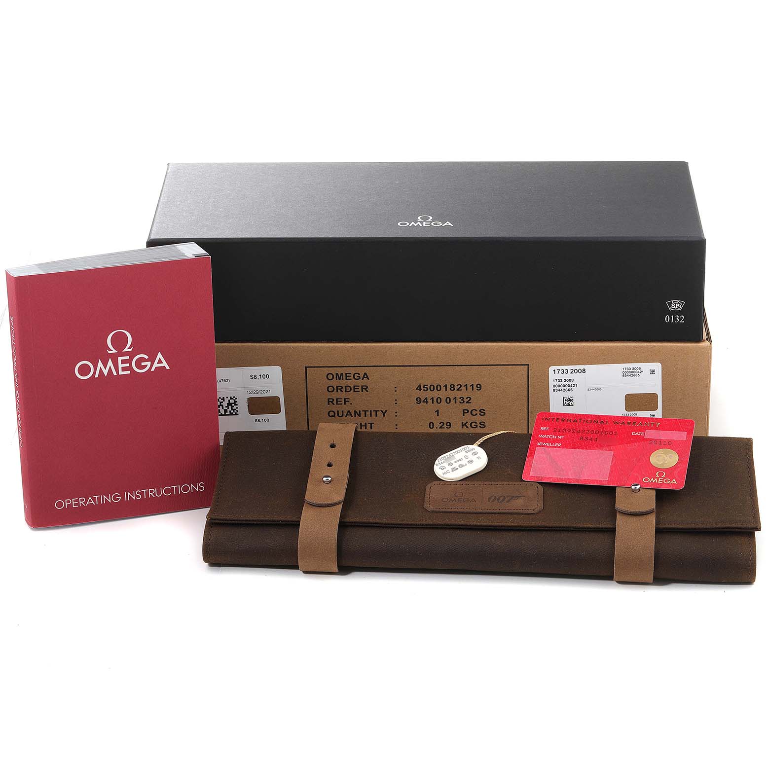 The image shows Omega Seamaster 210.92.42.20.01.001 Men's Titanium Brown Dial 210.92.42.20.01.001 Men's Titanium Brown Dial watch accessories including a box, operating instructions, a card, and a carrying case.