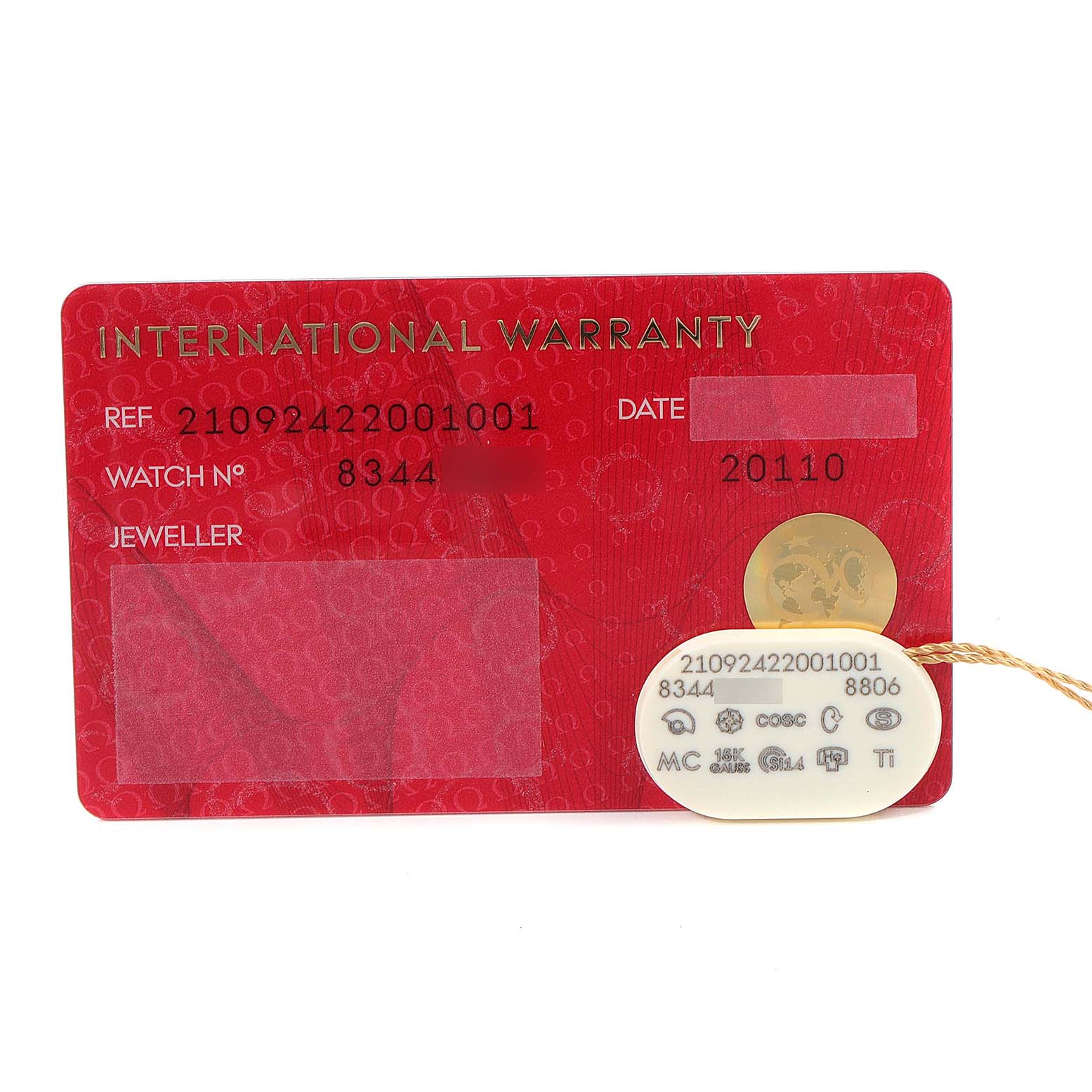 The image shows the warranty card and an attached tag for an Omega Seamaster 210.92.42.20.01.001 Men's Titanium Brown Dial 210.92.42.20.01.001 Men's Titanium Brown Dial watch.