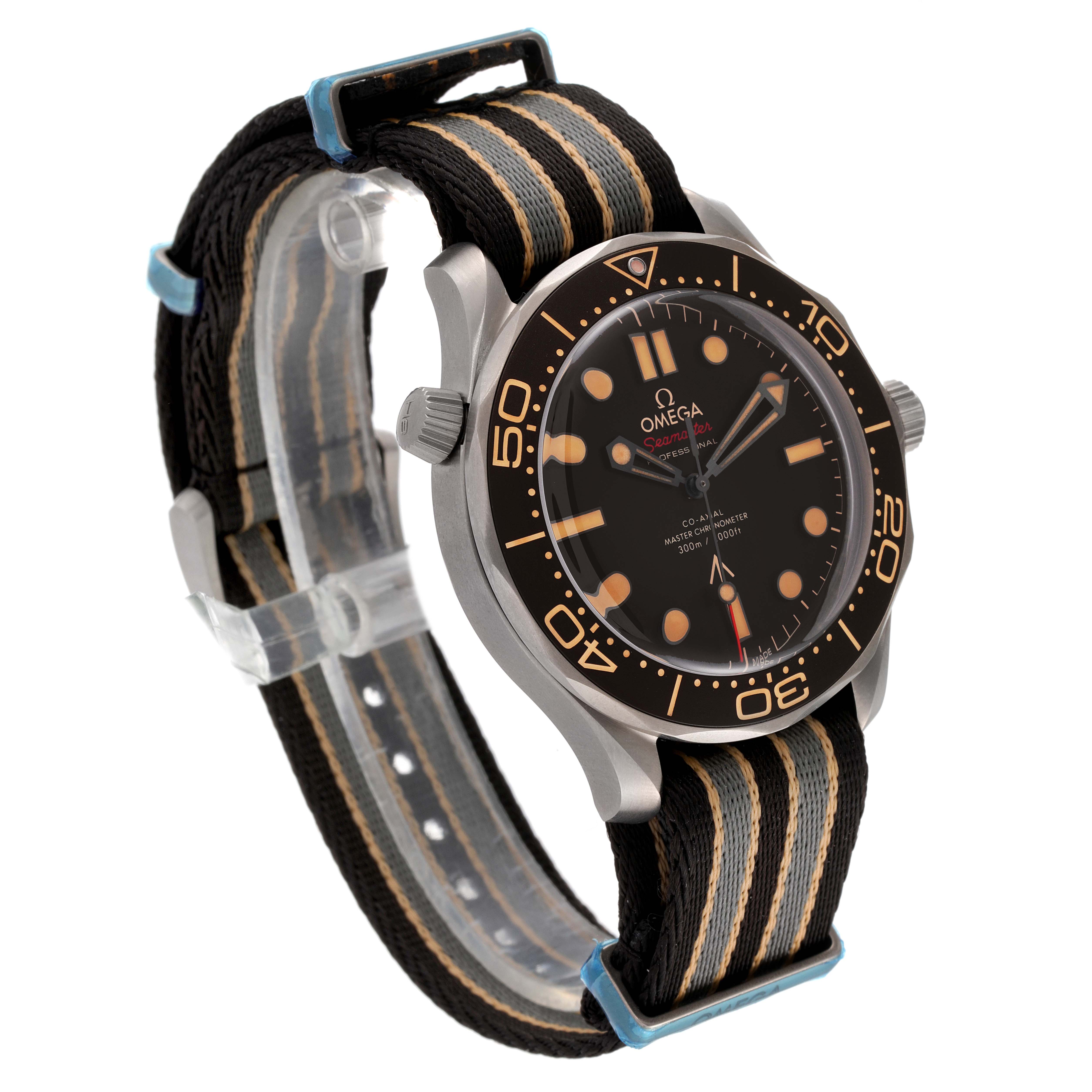 The image shows a side view of the Omega Seamaster 210.92.42.20.01.001 Men's Titanium Brown Dial 210.92.42.20.01.001 Men's Titanium Brown Dial watch with a black bezel and a striped fabric strap.