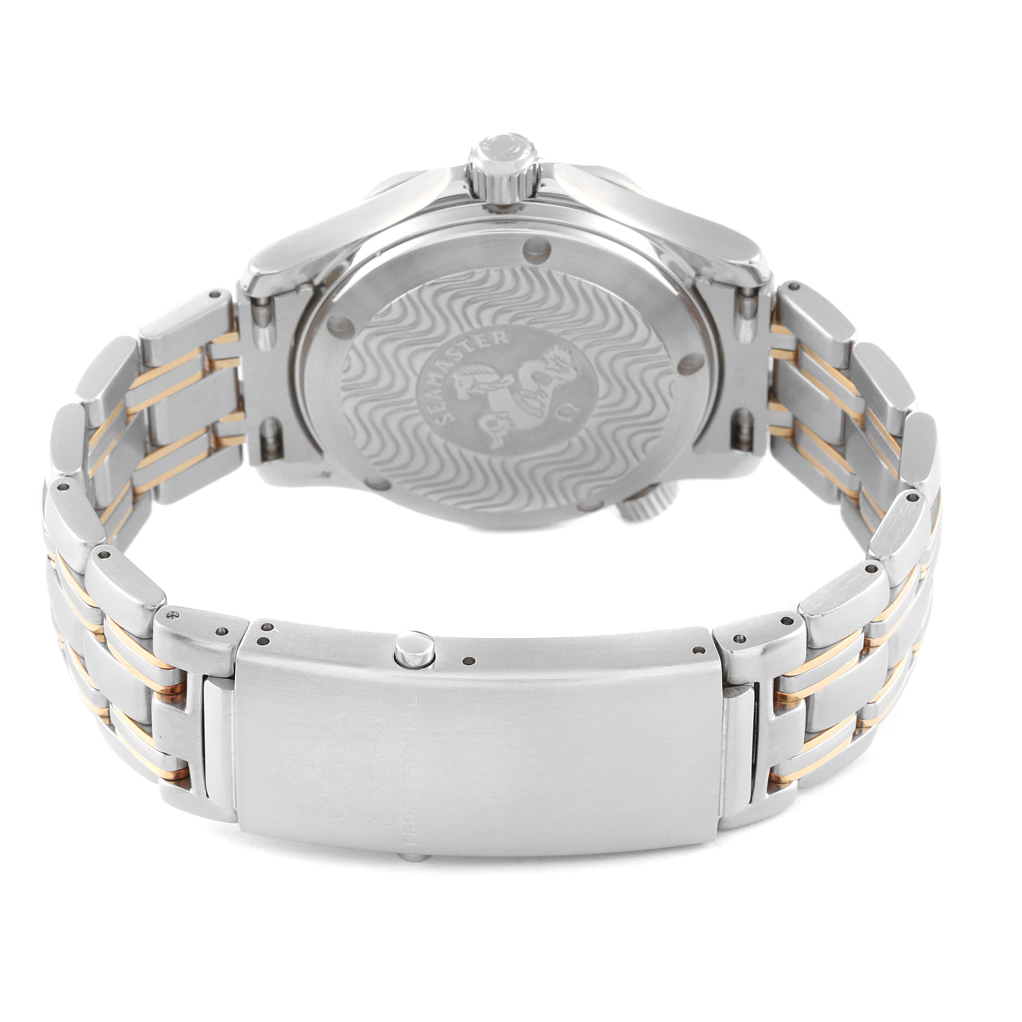 The image shows the back view of an Omega Seamaster 2453.50.00 Men's Steel and Gold (two tone) Black Dial 2453.50.00 Men's Steel and Gold (two tone) Black Dial watch, highlighting its case back, crown, and stainless steel bracelet with a clasp.