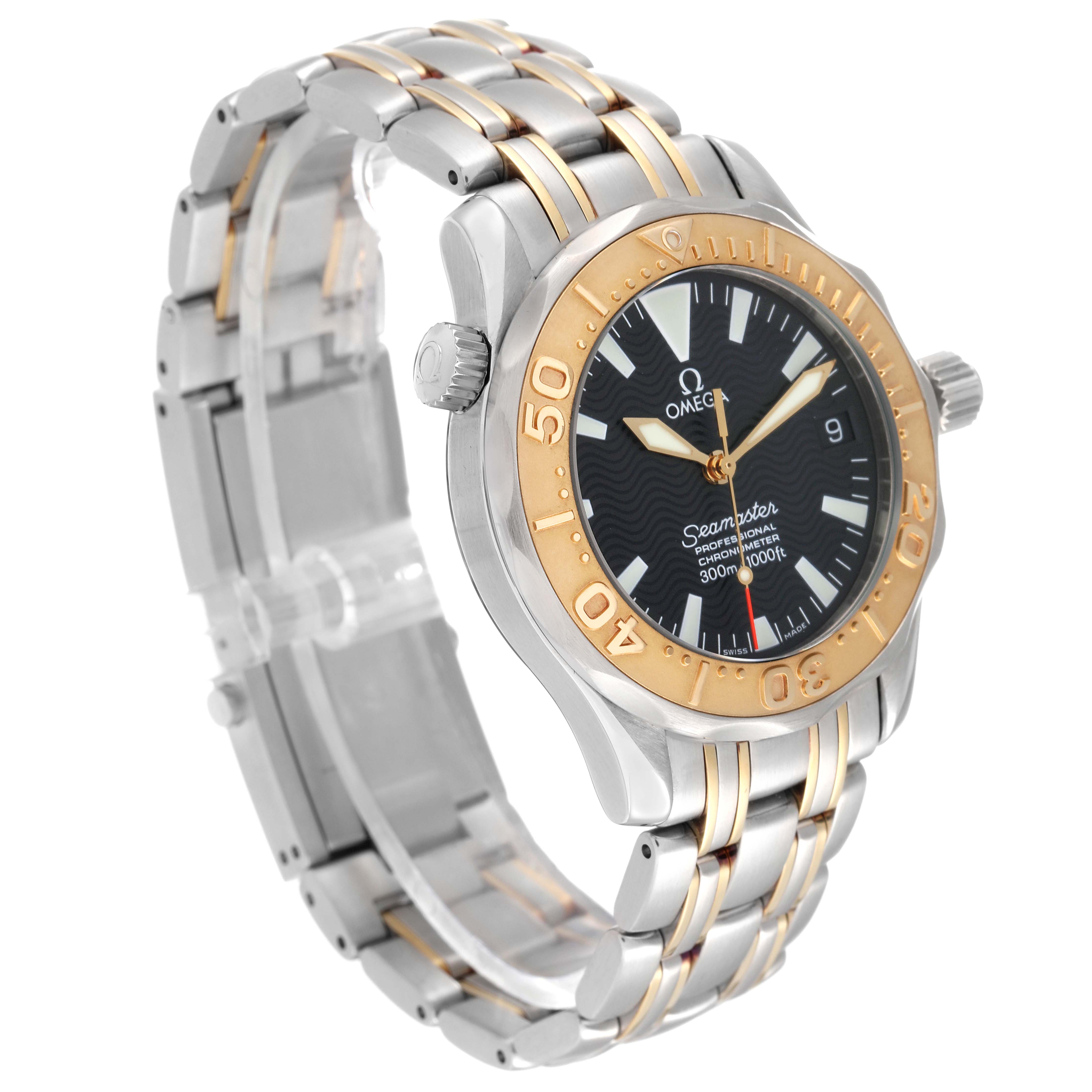 The image shows an Omega Seamaster 2453.50.00 Men's Steel and Gold (two tone) Black Dial 2453.50.00 Men's Steel and Gold (two tone) Black Dial watch at a three-quarter angle, highlighting the bezel, bracelet, and dial.