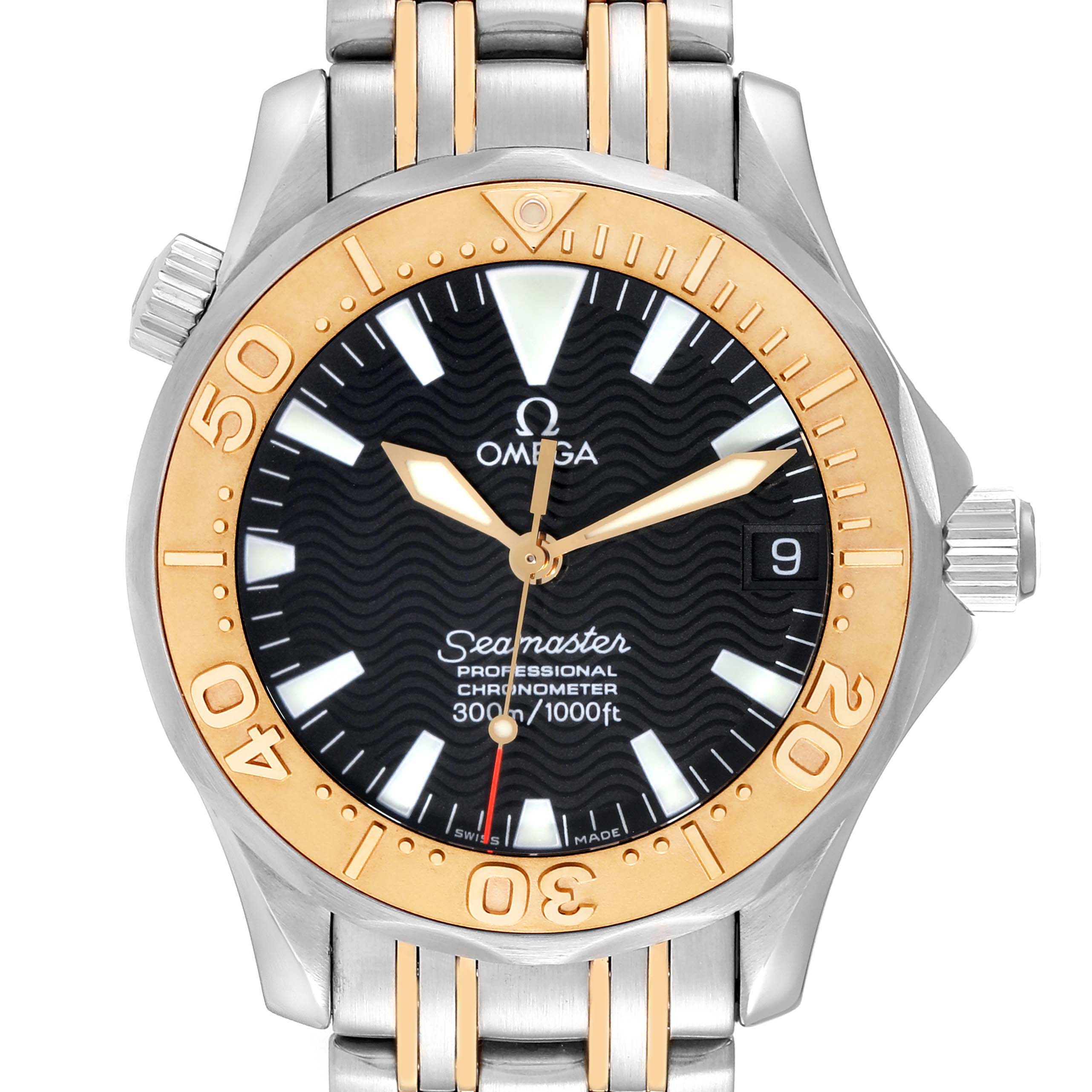 The image shows a front view of an Omega Seamaster 2453.50.00 Men's Steel and Gold (two tone) Black Dial 2453.50.00 Men's Steel and Gold (two tone) Black Dial watch, highlighting its dial, bezel, and part of the bracelet.