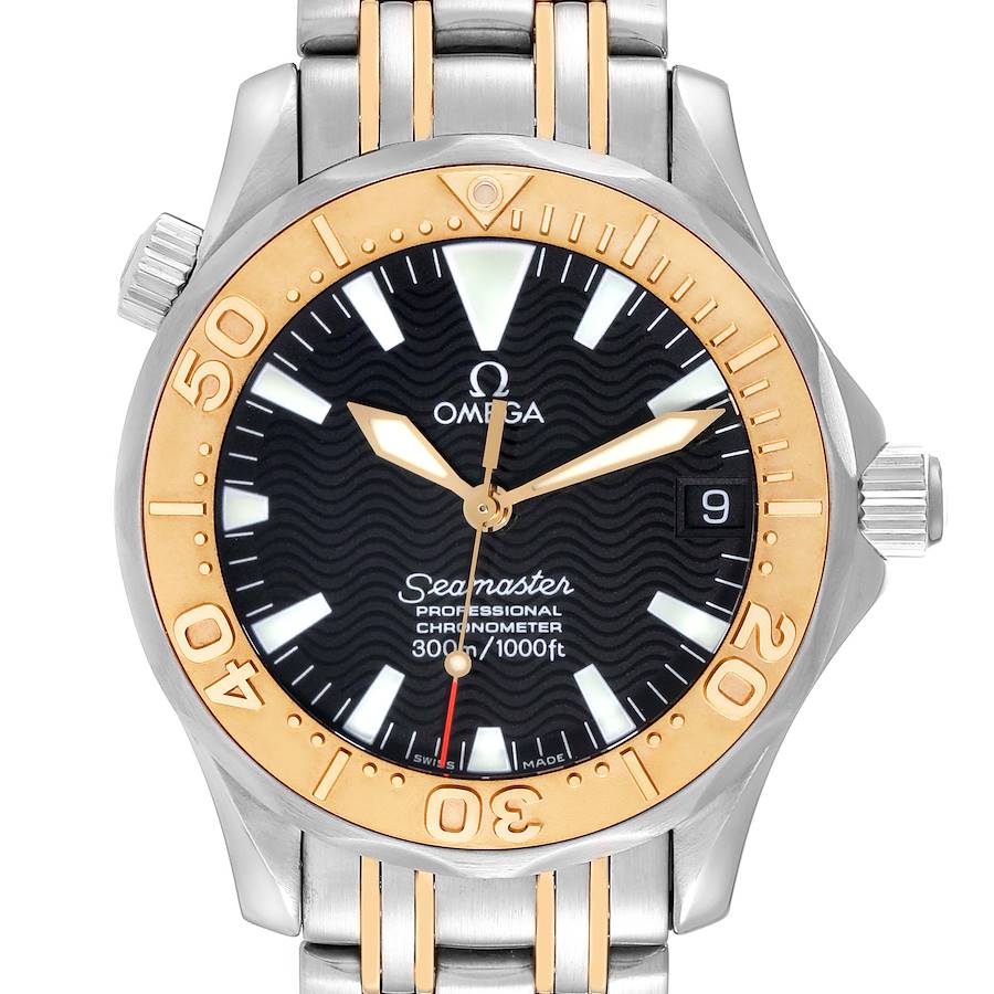 The image shows a front view of an Omega Seamaster watch, highlighting its dial, bezel, and part of the bracelet.