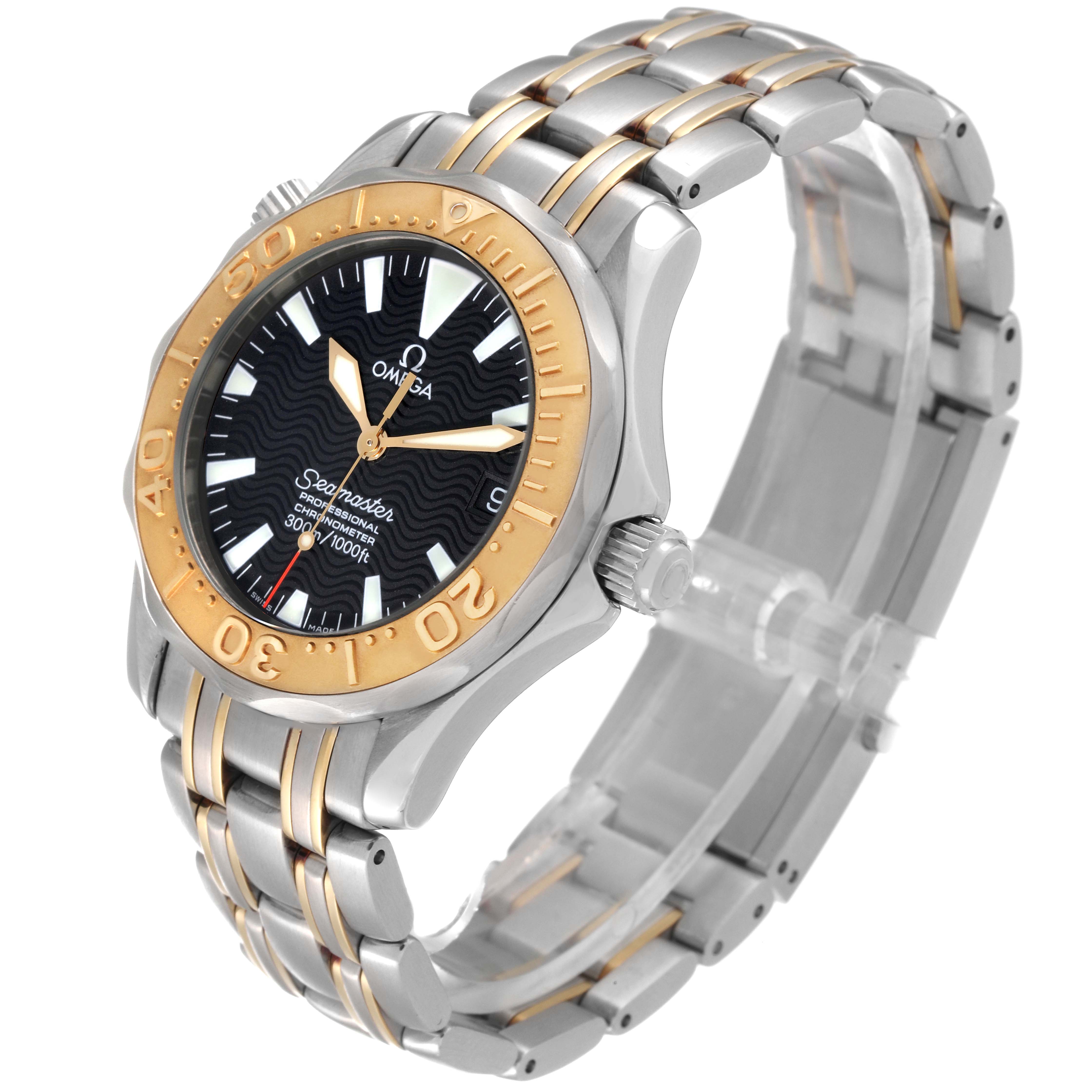The Omega Seamaster 2453.50.00 Men's Steel and Gold (two tone) Black Dial 2453.50.00 Men's Steel and Gold (two tone) Black Dial watch is shown at a three-quarter angle, highlighting its face, bezel, and stainless steel bracelet.