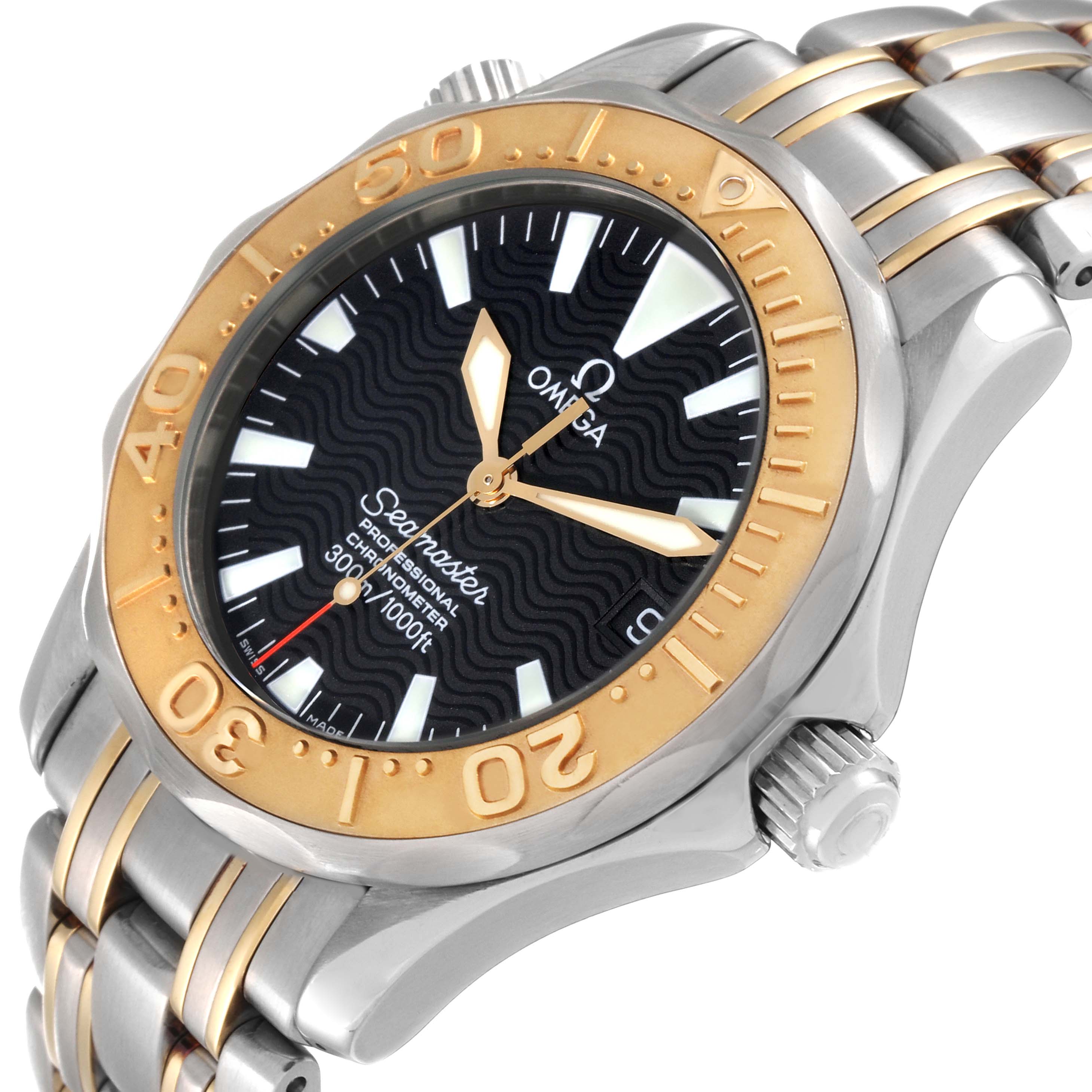 The image shows the Omega Seamaster 2453.50.00 Men's Steel and Gold (two tone) Black Dial 2453.50.00 Men's Steel and Gold (two tone) Black Dial watch from a tilted angle, highlighting the bezel, dial, crown, and bracelet.