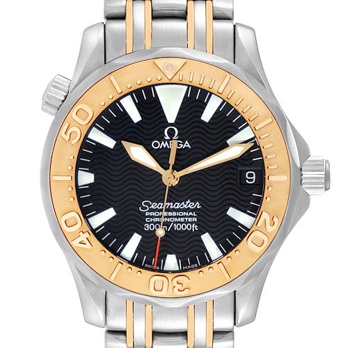 The image shows a front view of the Omega Seamaster watch, highlighting the dial, bezel, crown, and part of the bracelet.