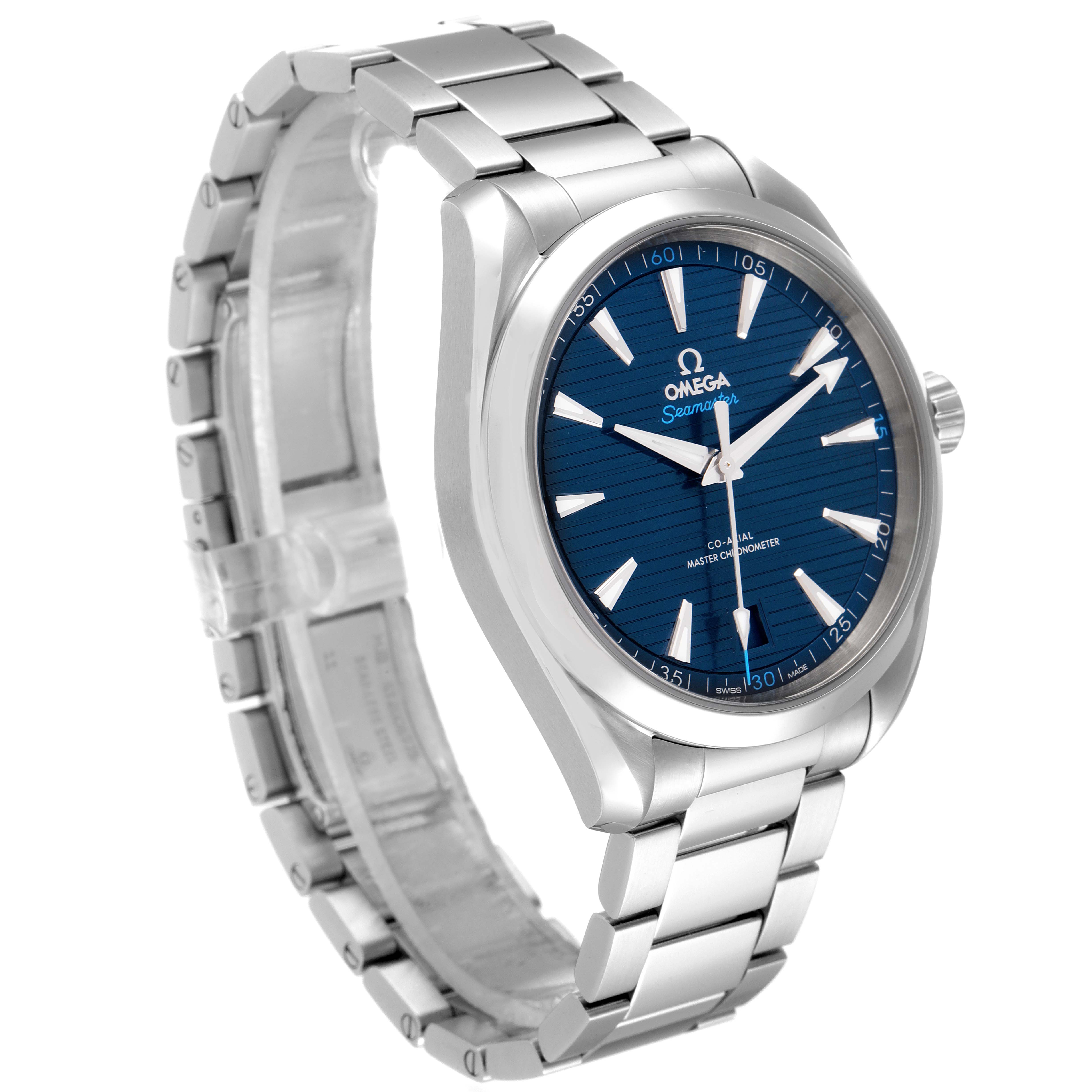 The image shows an Omega Aqua Terra 220.10.41.21.03.004 Men
s Stainless Steel Blue Dial 220.10.41.21.03.004 Men
s Stainless Steel Blue Dial watch with a blue dial and stainless steel bracelet at a three-quarter angle.