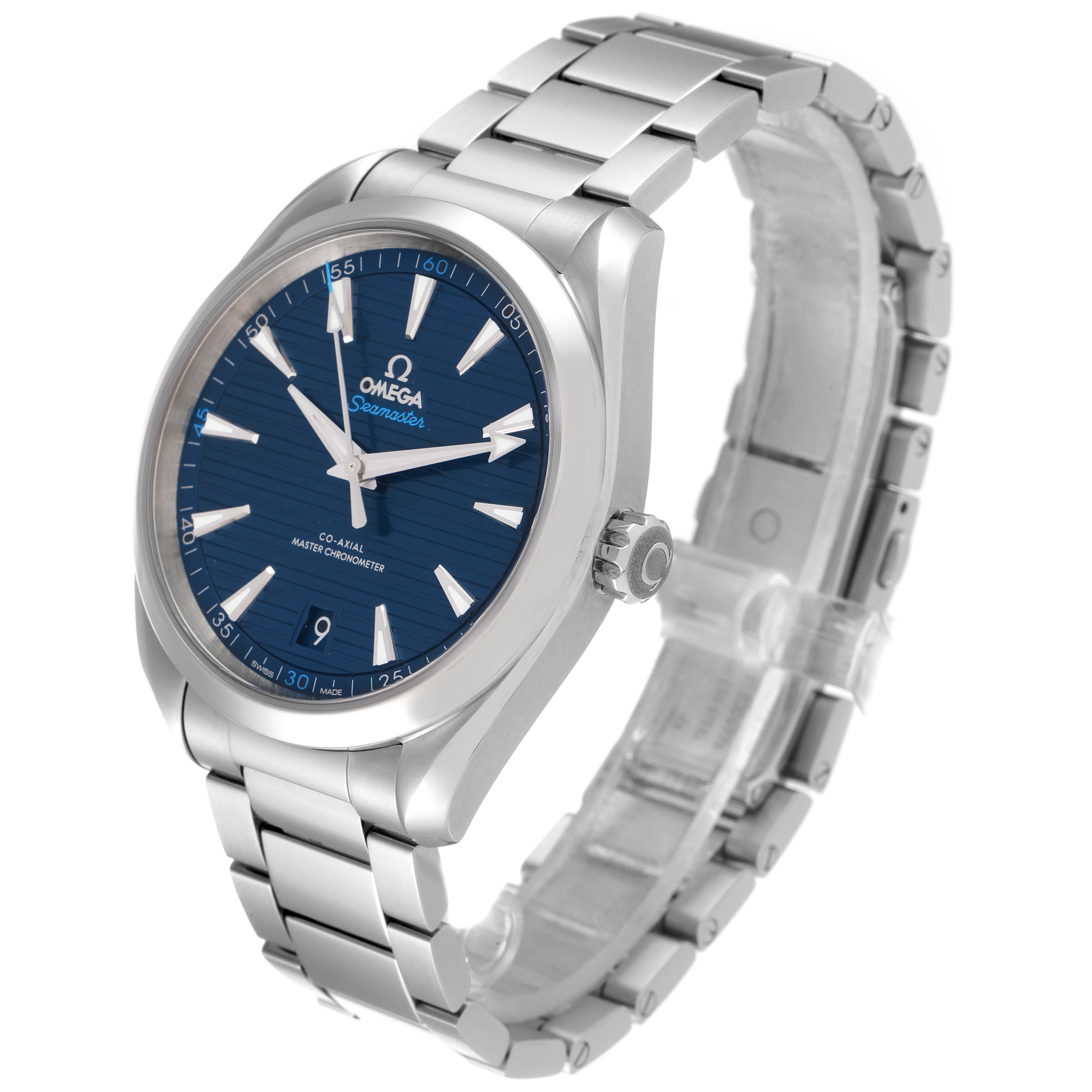 The image displays an Omega Aqua Terra 220.10.41.21.03.004 Men
s Stainless Steel Blue Dial 220.10.41.21.03.004 Men
s Stainless Steel Blue Dial watch at a three-quarter angle, showcasing its blue dial, stainless steel case, and bracelet.