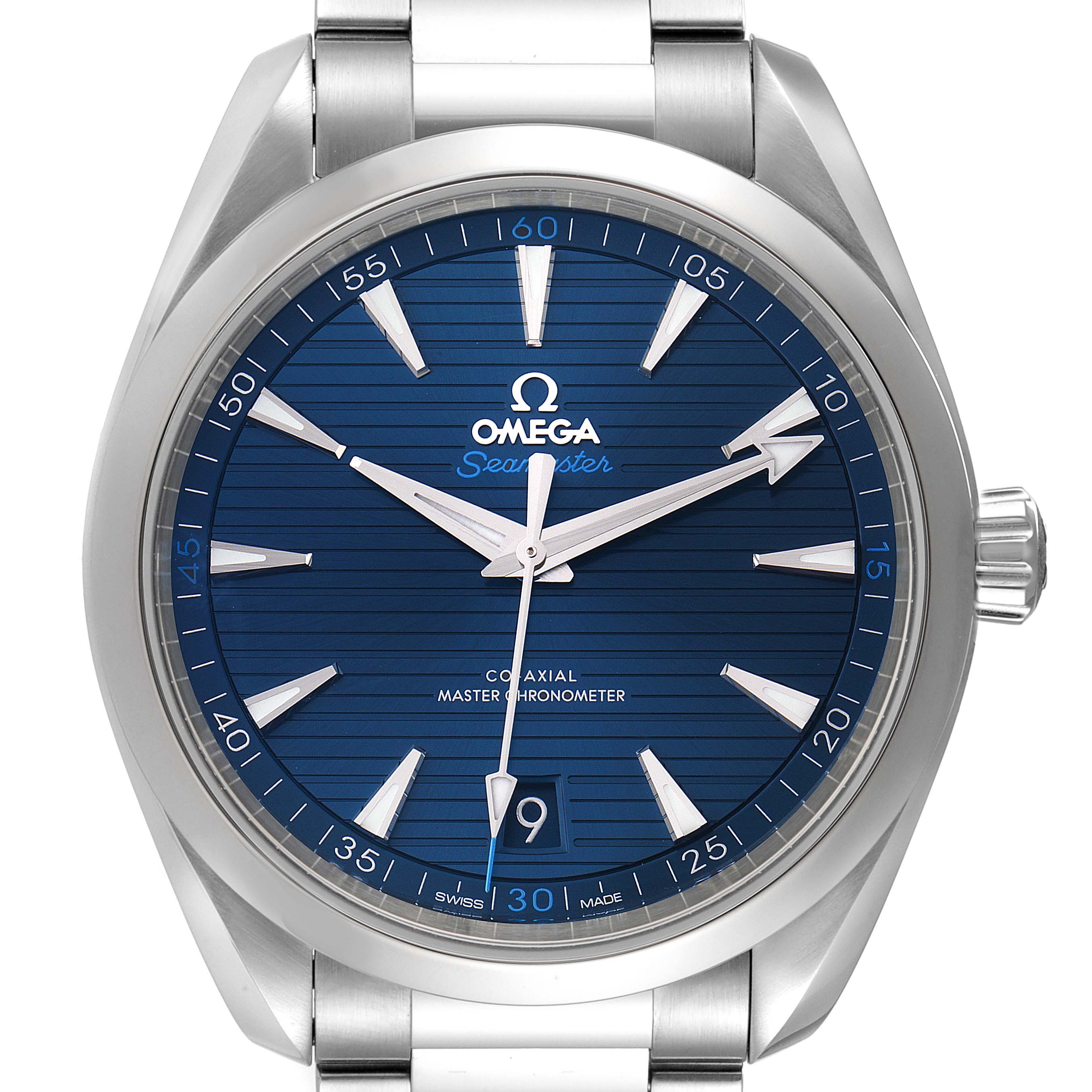This is a front-angle view of the Omega Aqua Terra 220.10.41.21.03.004 Men
s Stainless Steel Blue Dial 220.10.41.21.03.004 Men
s Stainless Steel Blue Dial watch, showing the face, dial, hands, and part of the stainless steel bracelet.