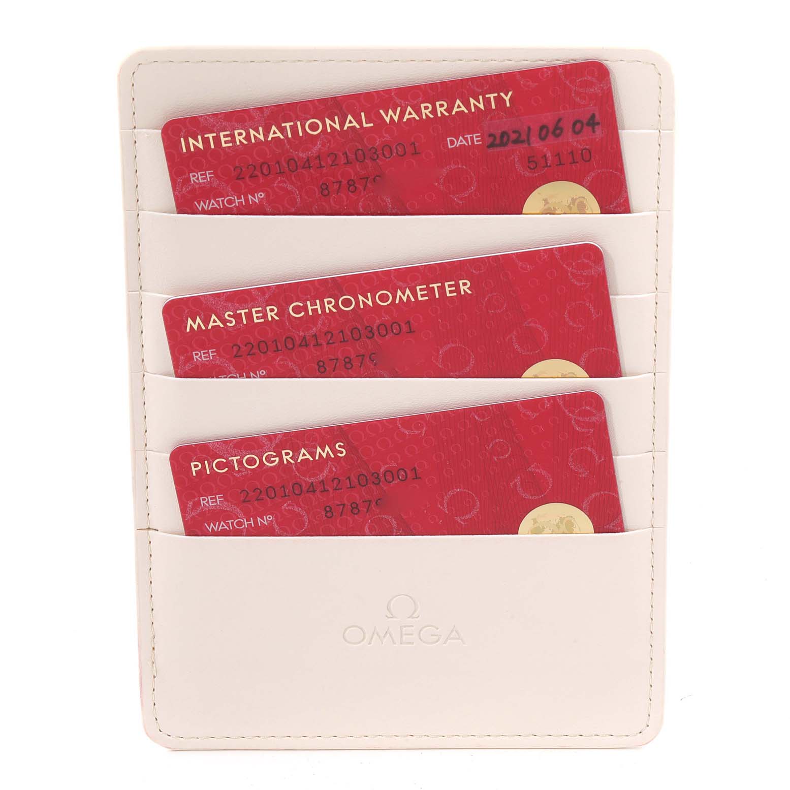 This image shows three warranty and certification cards for an Omega Aqua Terra 220.10.41.21.03.004 Men
s Stainless Steel Blue Dial 220.10.41.21.03.004 Men
s Stainless Steel Blue Dial watch.