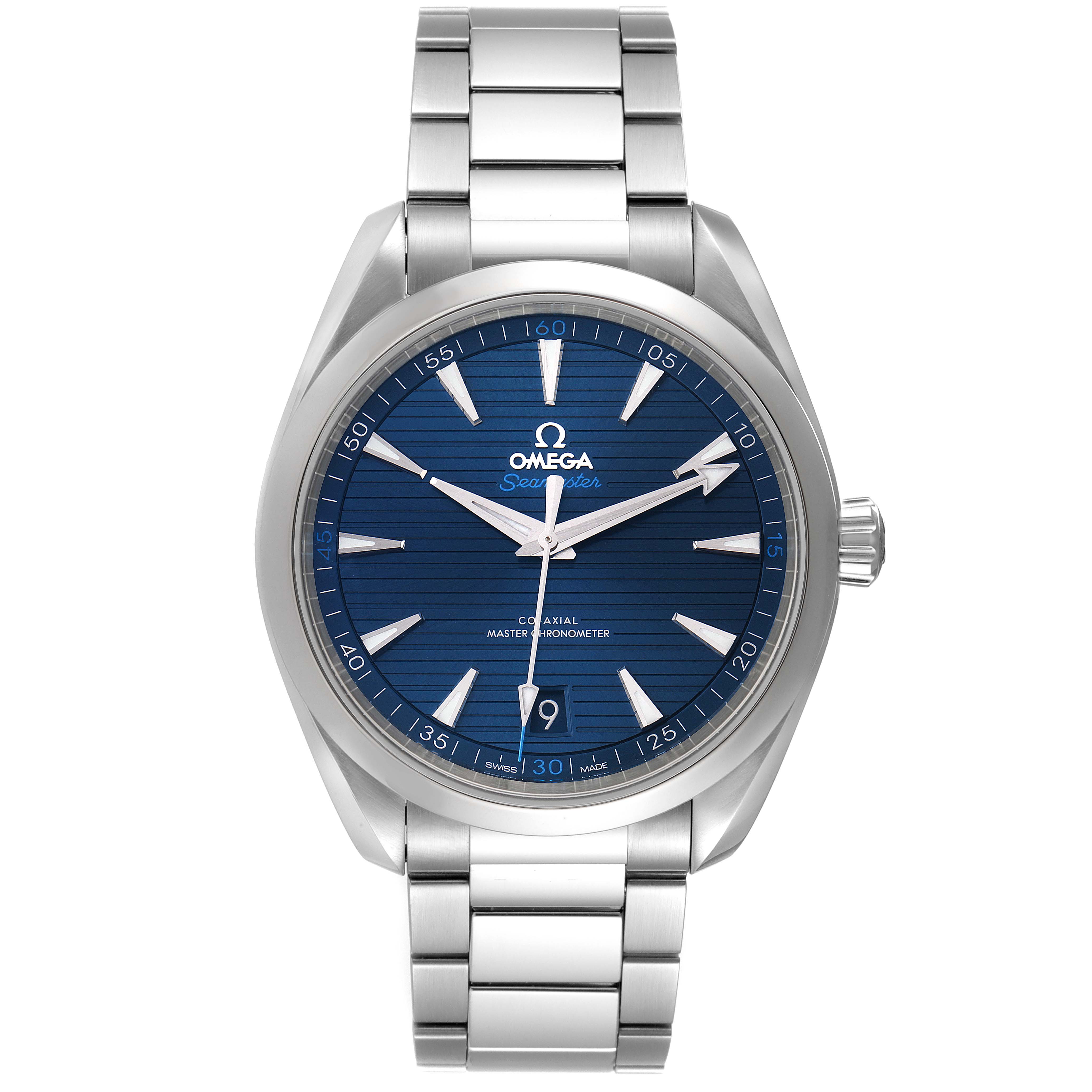 The image shows a front view of the Omega Aqua Terra 220.10.41.21.03.004 Men
s Stainless Steel Blue Dial 220.10.41.21.03.004 Men
s Stainless Steel Blue Dial watch, highlighting its blue dial, stainless steel bracelet, and hour markers.