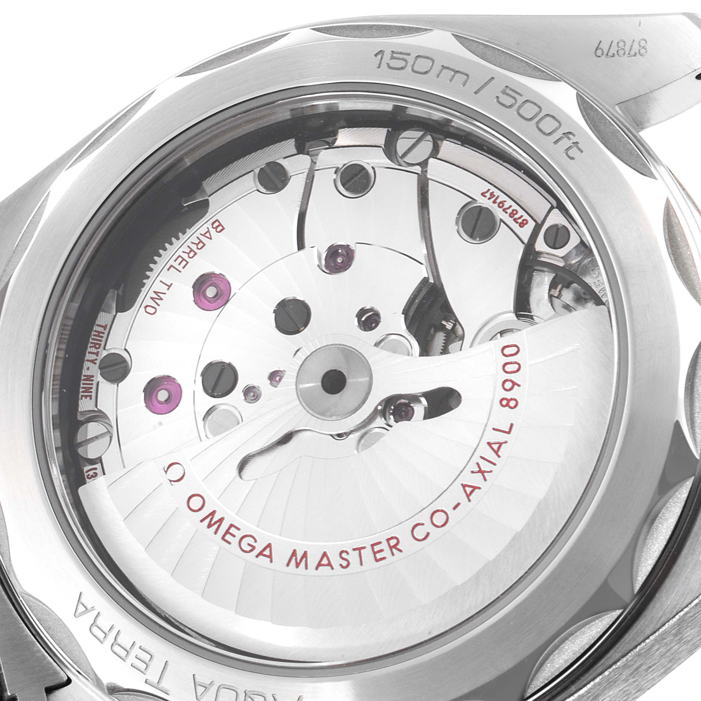 The image shows the back of the Omega Aqua Terra 220.10.41.21.03.004 Men
s Stainless Steel Blue Dial 220.10.41.21.03.004 Men
s Stainless Steel Blue Dial watch, revealing its Co-Axial 8900 movement and 150m/500ft water resistance.