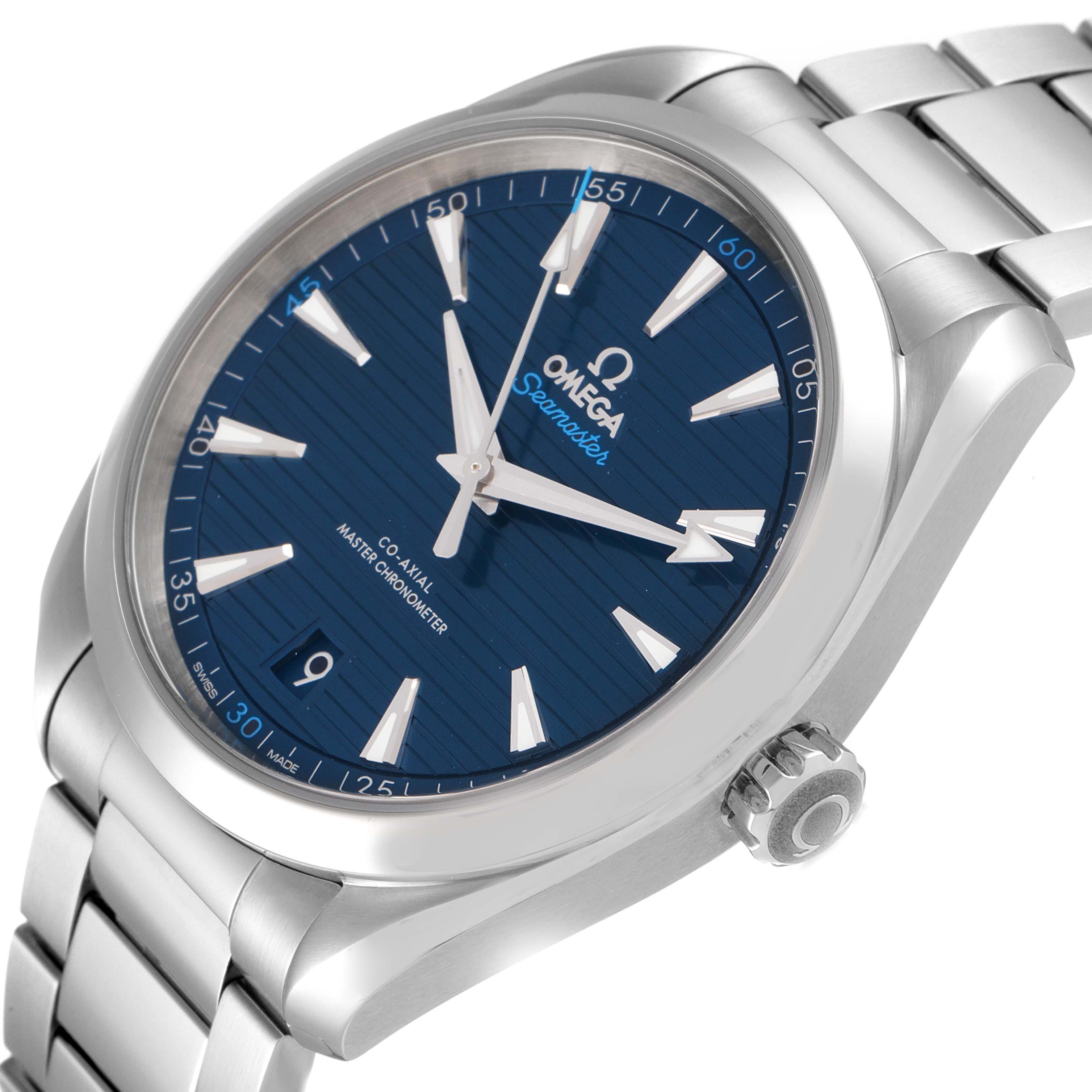 The image shows a close-up angled view of the Omega Aqua Terra 220.10.41.21.03.004 Men
s Stainless Steel Blue Dial 220.10.41.21.03.004 Men
s Stainless Steel Blue Dial watch featuring its dial, case, crown, and part of the bracelet.