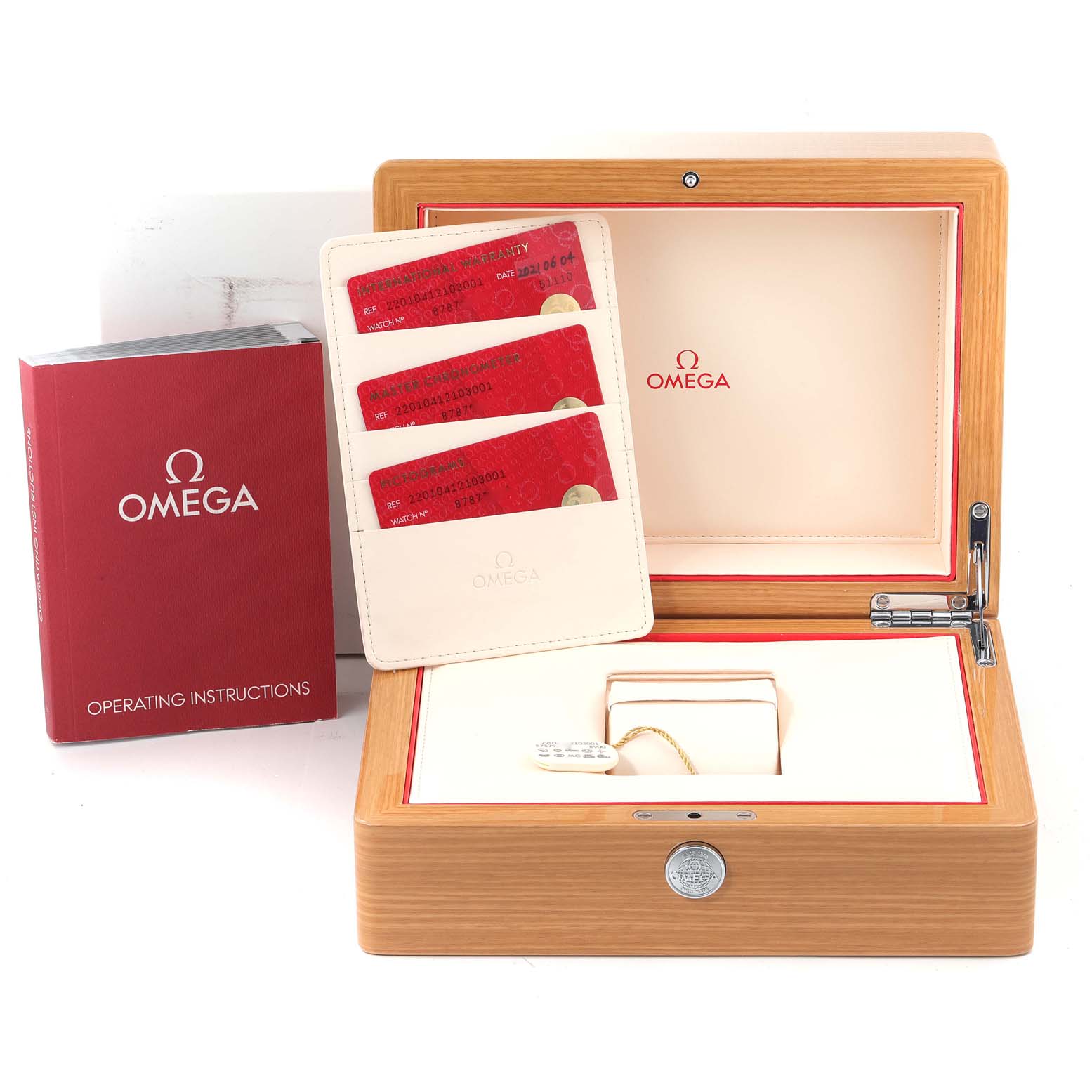 The image shows an open Omega Aqua Terra 220.10.41.21.03.004 Men
s Stainless Steel Blue Dial 220.10.41.21.03.004 Men
s Stainless Steel Blue Dial watch box, warranty cards, and operating instructions.