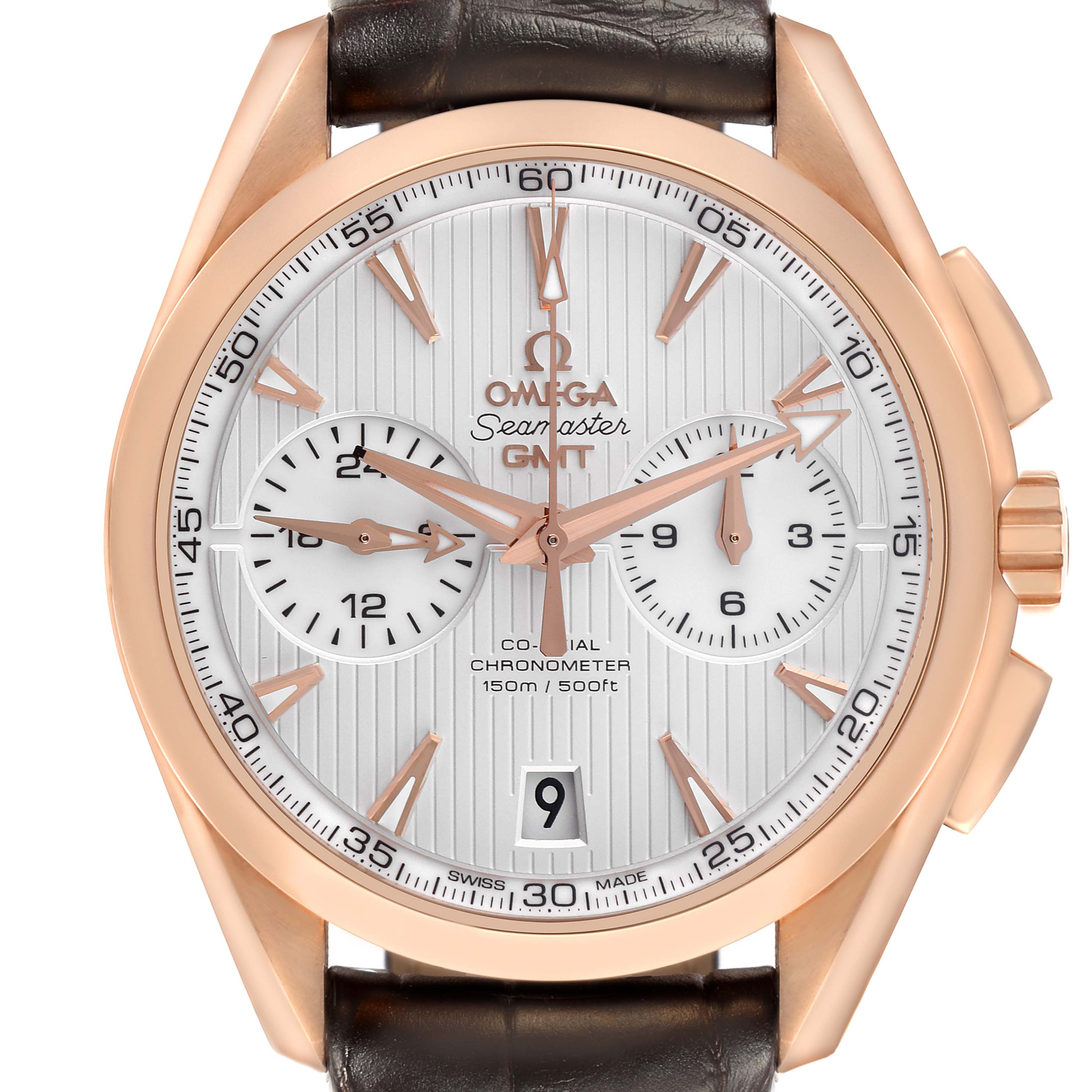 The Omega Aqua Terra 231.53.43.22.02.001 Men's Rose Gold Silver Dial 231.53.43.22.02.001 Men's Rose Gold Silver Dial watch is shown from the front, highlighting its dial, subdials, and date window.