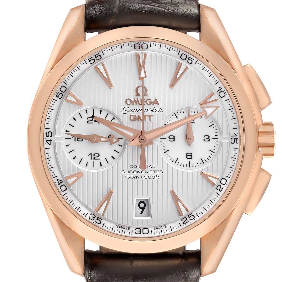 The Omega Aqua Terra watch is shown from the front, highlighting its dial, subdials, and date window.