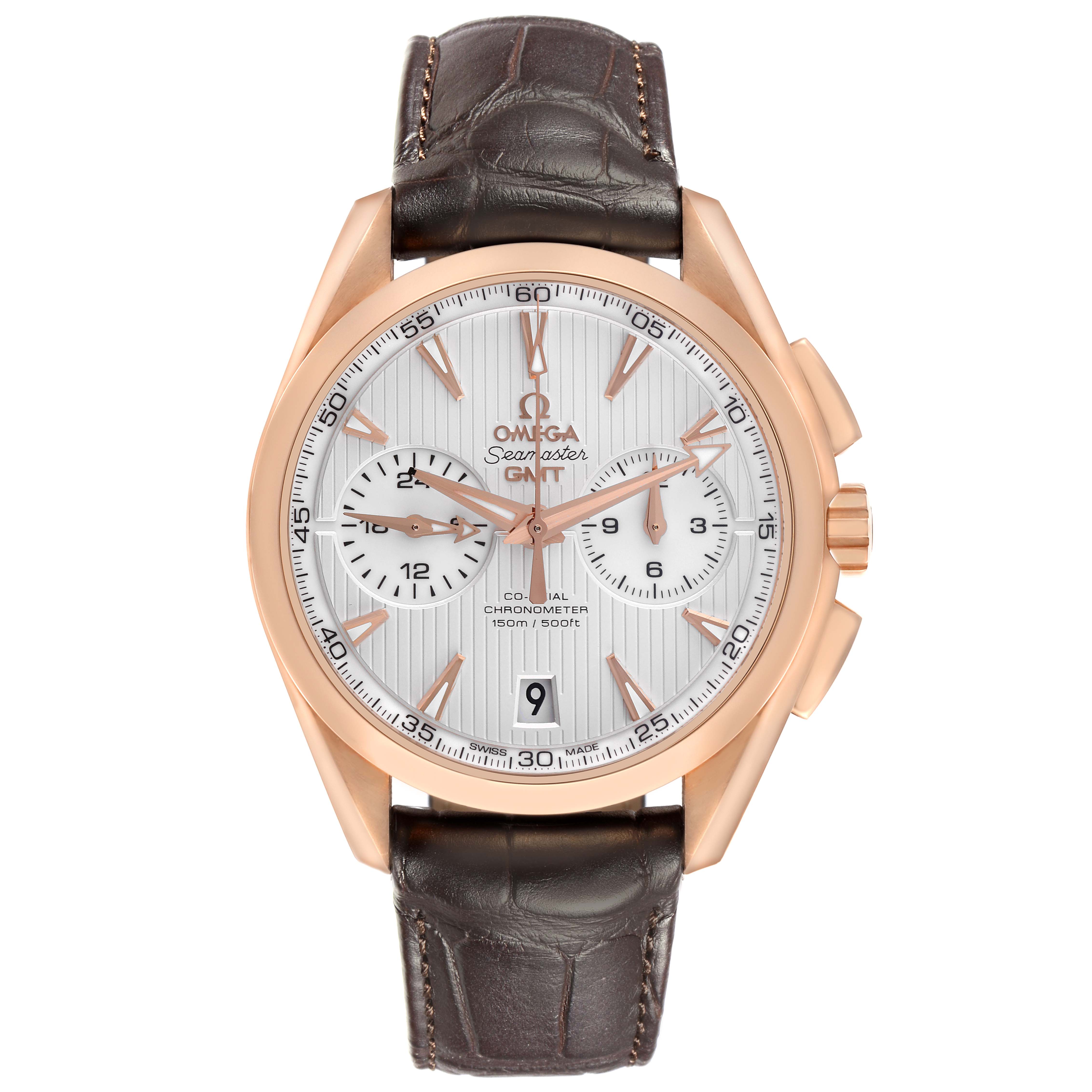 The Omega Aqua Terra 231.53.43.22.02.001 Men's Rose Gold Silver Dial 231.53.43.22.02.001 Men's Rose Gold Silver Dial watch is shown from a front view, displaying the face, hands, subdials, crown, and full leather strap.