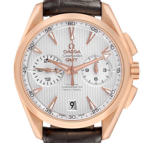 The Omega Aqua Terra watch is shown from the front, highlighting its dial, hands, subdials, and crown.