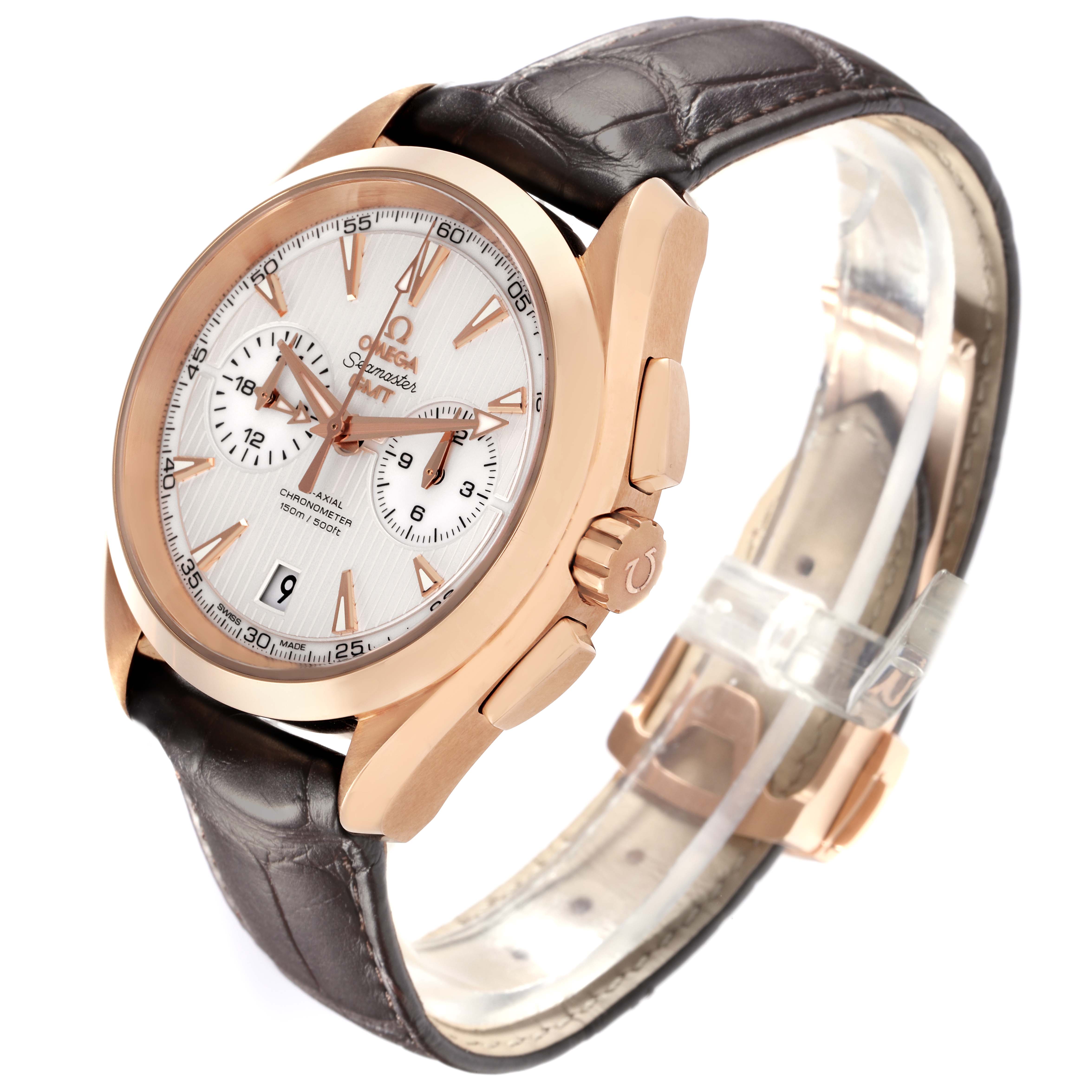 The Omega Aqua Terra 231.53.43.22.02.001 Men's Rose Gold Silver Dial 231.53.43.22.02.001 Men's Rose Gold Silver Dial watch is shown at a three-quarter angle, highlighting the face, crown, and brown leather strap.
