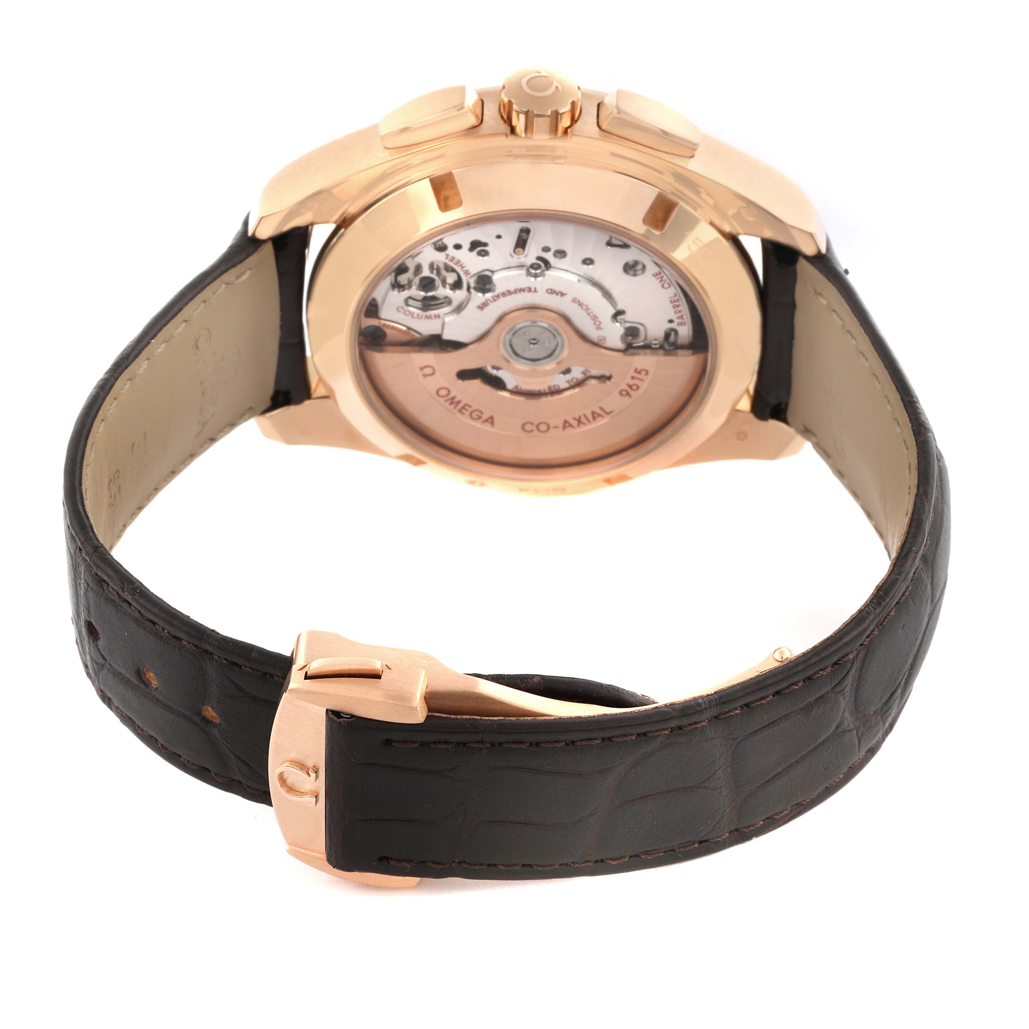 The image shows the Omega Aqua Terra 231.53.43.22.02.001 Men's Rose Gold Silver Dial 231.53.43.22.02.001 Men's Rose Gold Silver Dial watch from the back, highlighting the Co-Axial movement and leather strap.